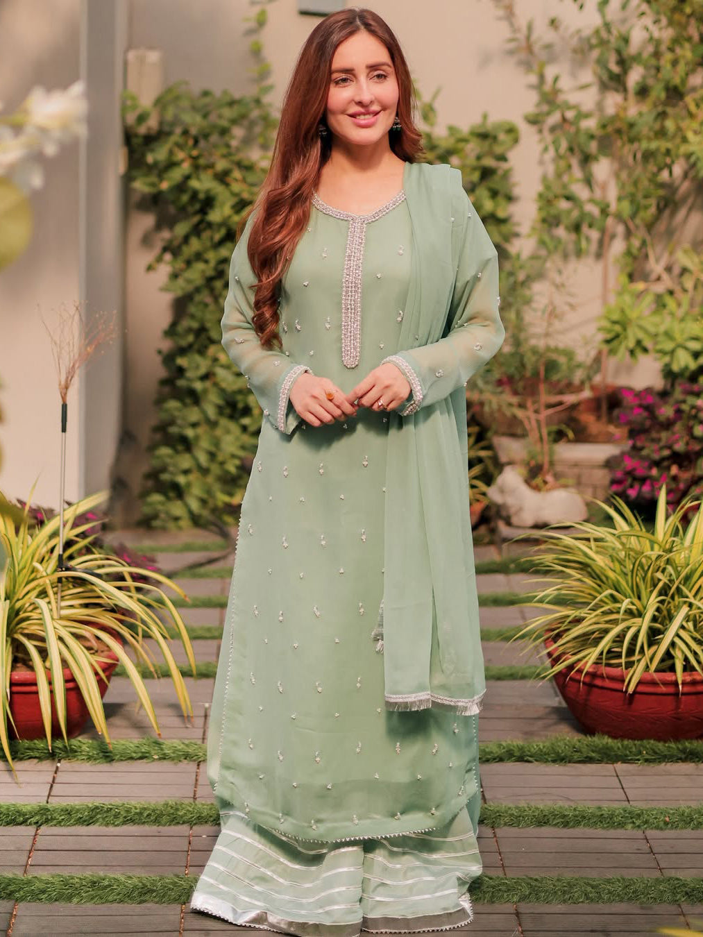 Ocean Pearl Mint Green Embellished Chiffon Suit