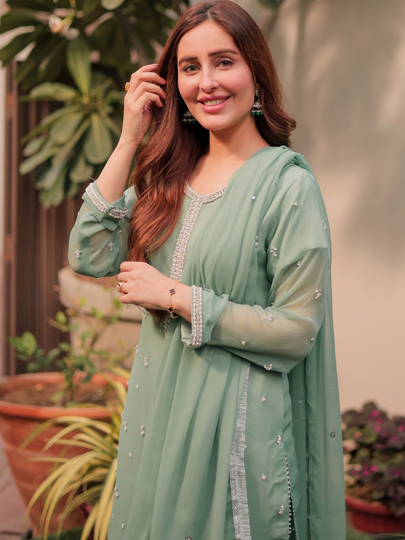 Ocean Pearl Mint Green Embellished Chiffon Suit