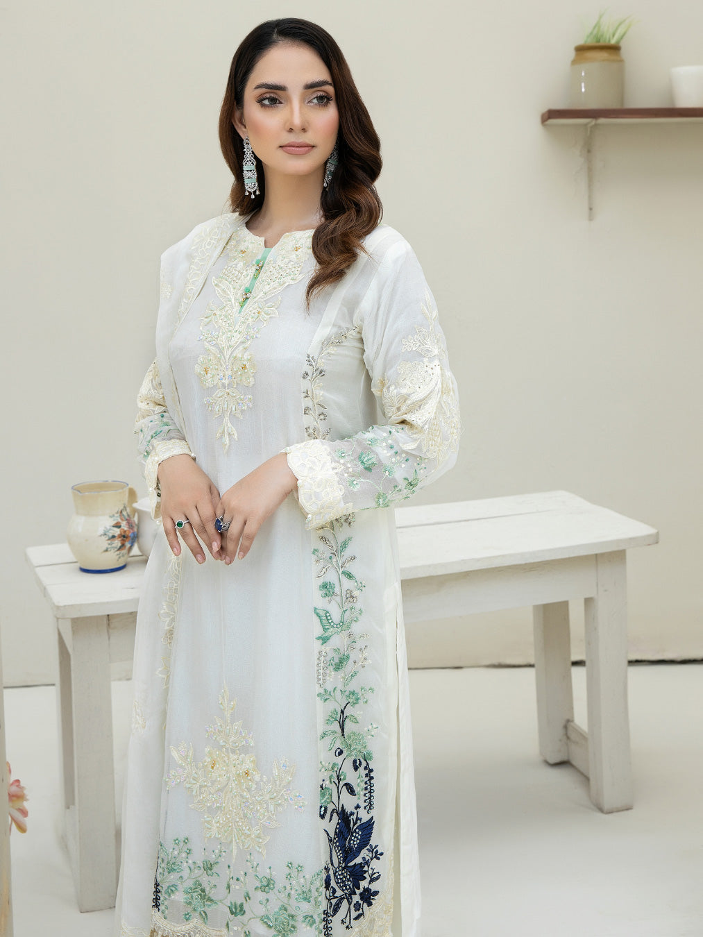Pure Elegance White Embroidered Chiffon 3-Piece Suit