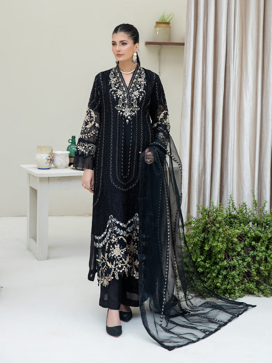 Opulent Black Embroidered Chiffon 3-Piece Suit