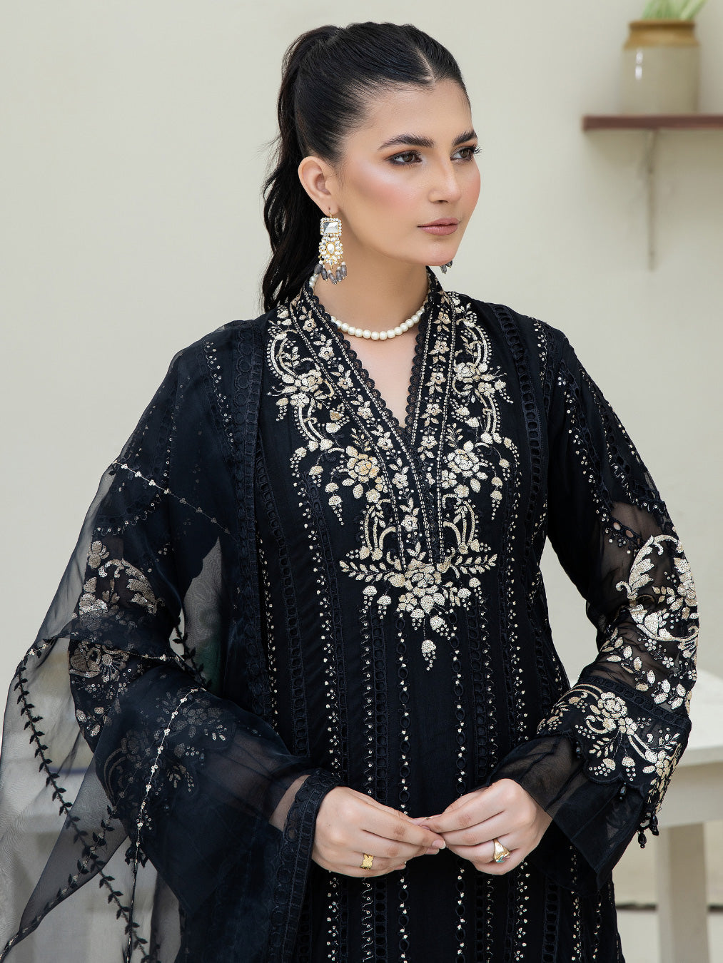 Opulent Black Embroidered Chiffon 3-Piece Suit