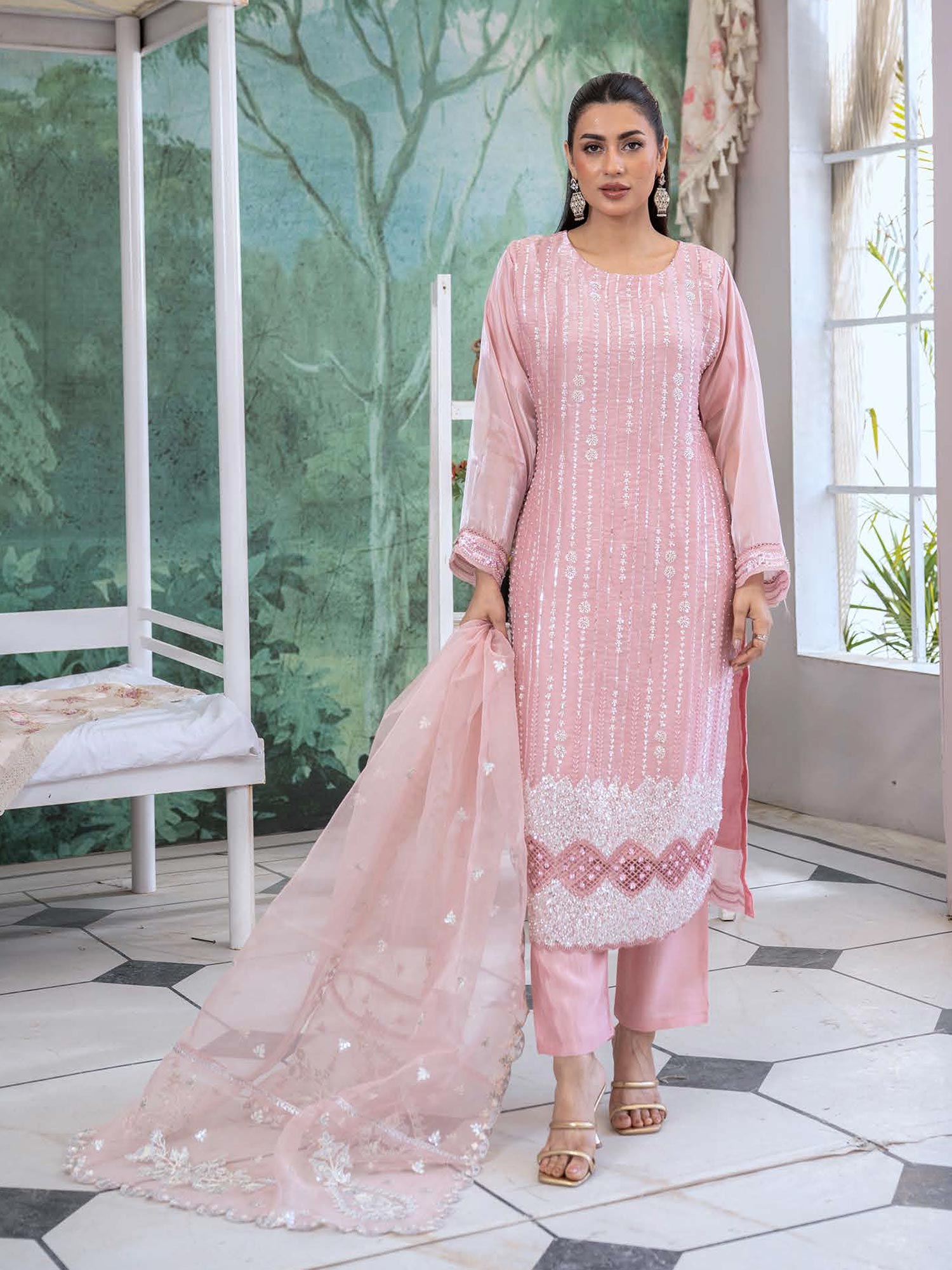 Rangz Sheesha Silk Lux 3-Piece Suit - Pink