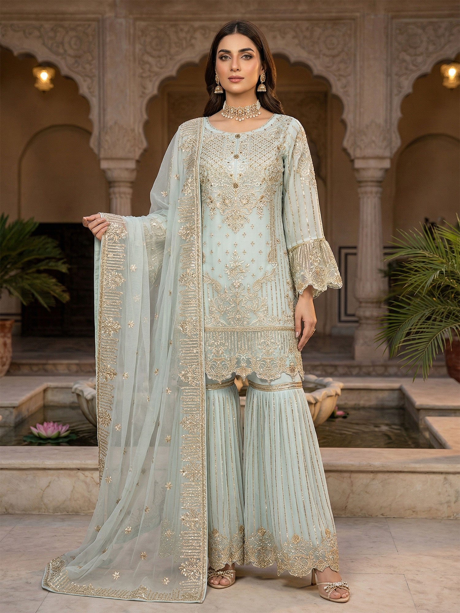 RMAW Light Blue Chiffon Embroidered Gharara Suit