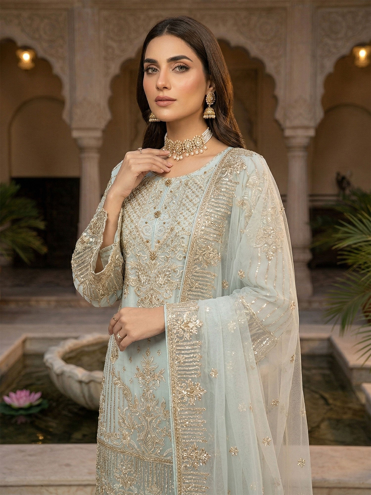 RMAW Light Blue Chiffon Embroidered Gharara Suit