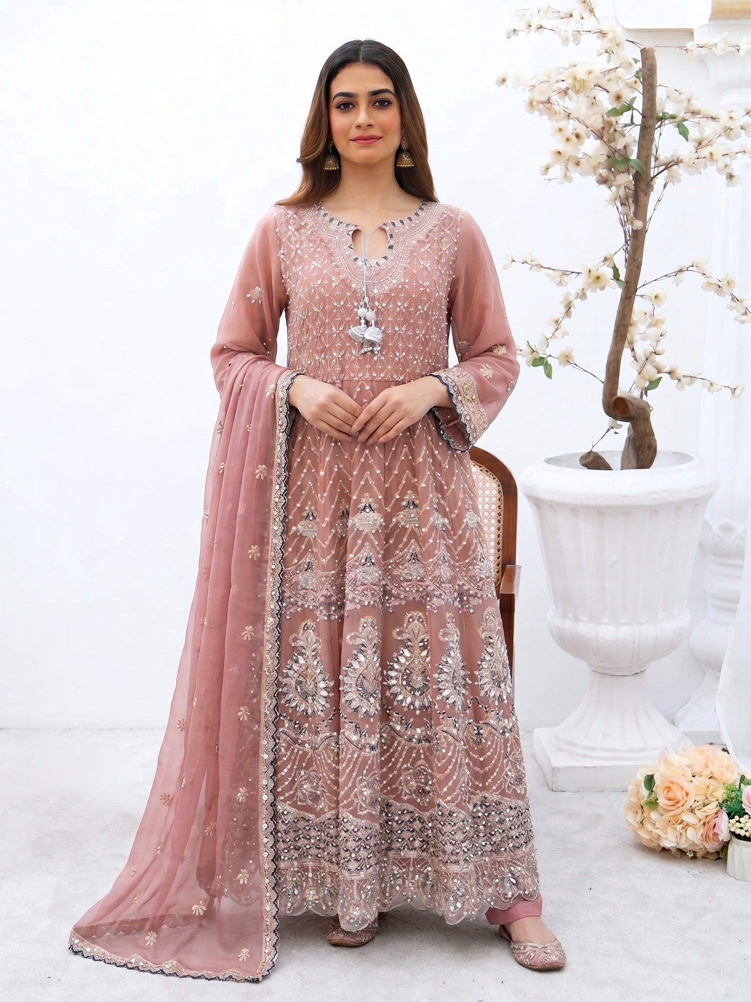 Rangz Luxury Embroidered Chiffon Long Frock 3pc Suit - Pink