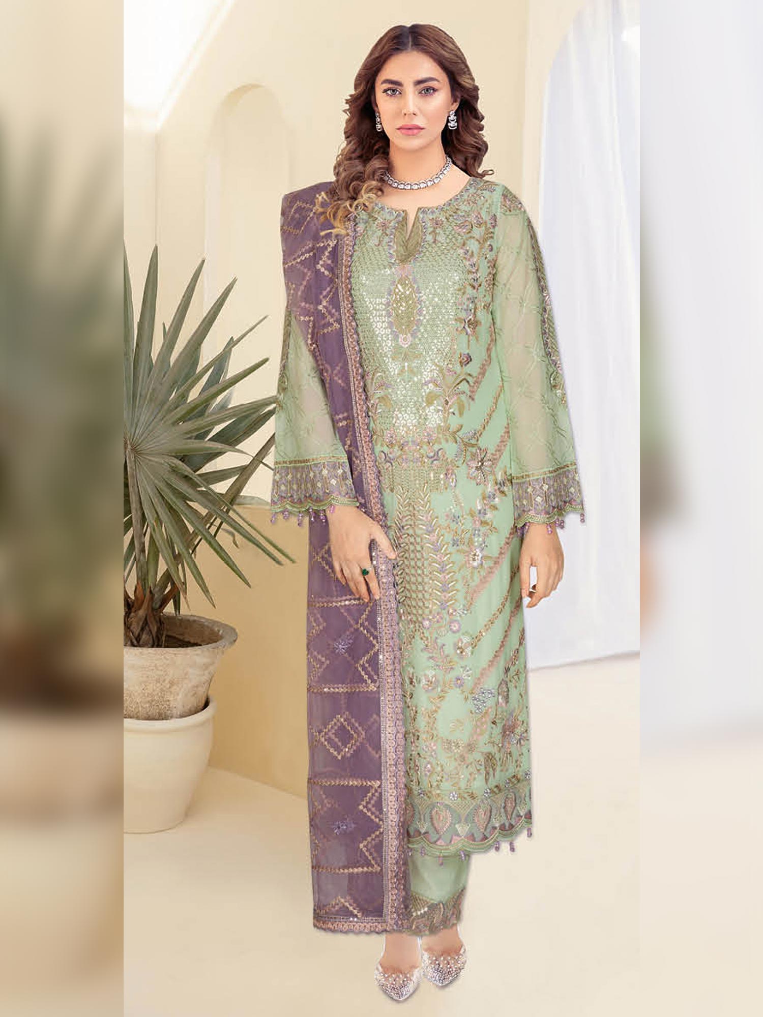 Ramsha "Kashish" Luxury Embroidered Chiffon Suit - Light Green