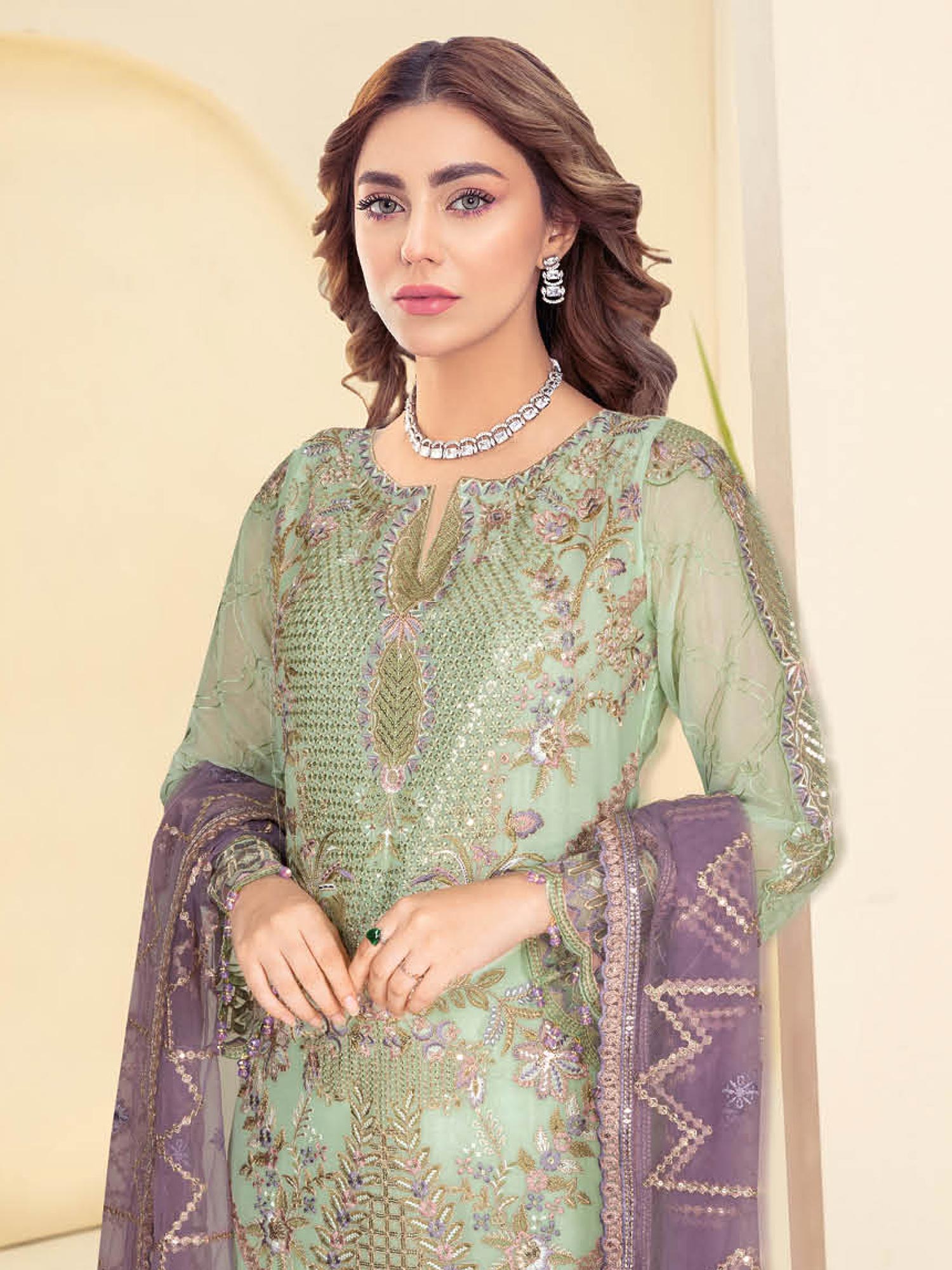 Ramsha "Kashish" Luxury Embroidered Chiffon Suit - Light Green