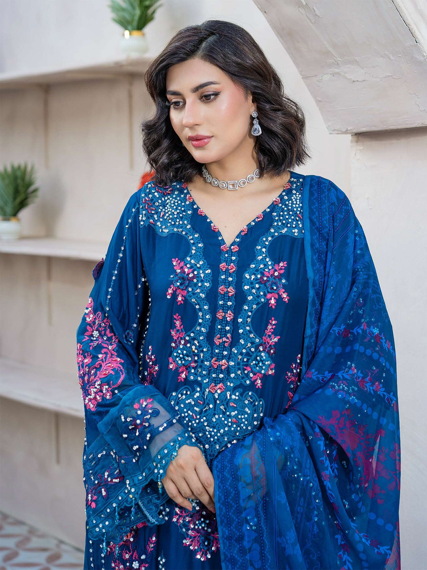 Rangz "Maeri" Embroidered Chiffon 3-Piece Suit - Blue
