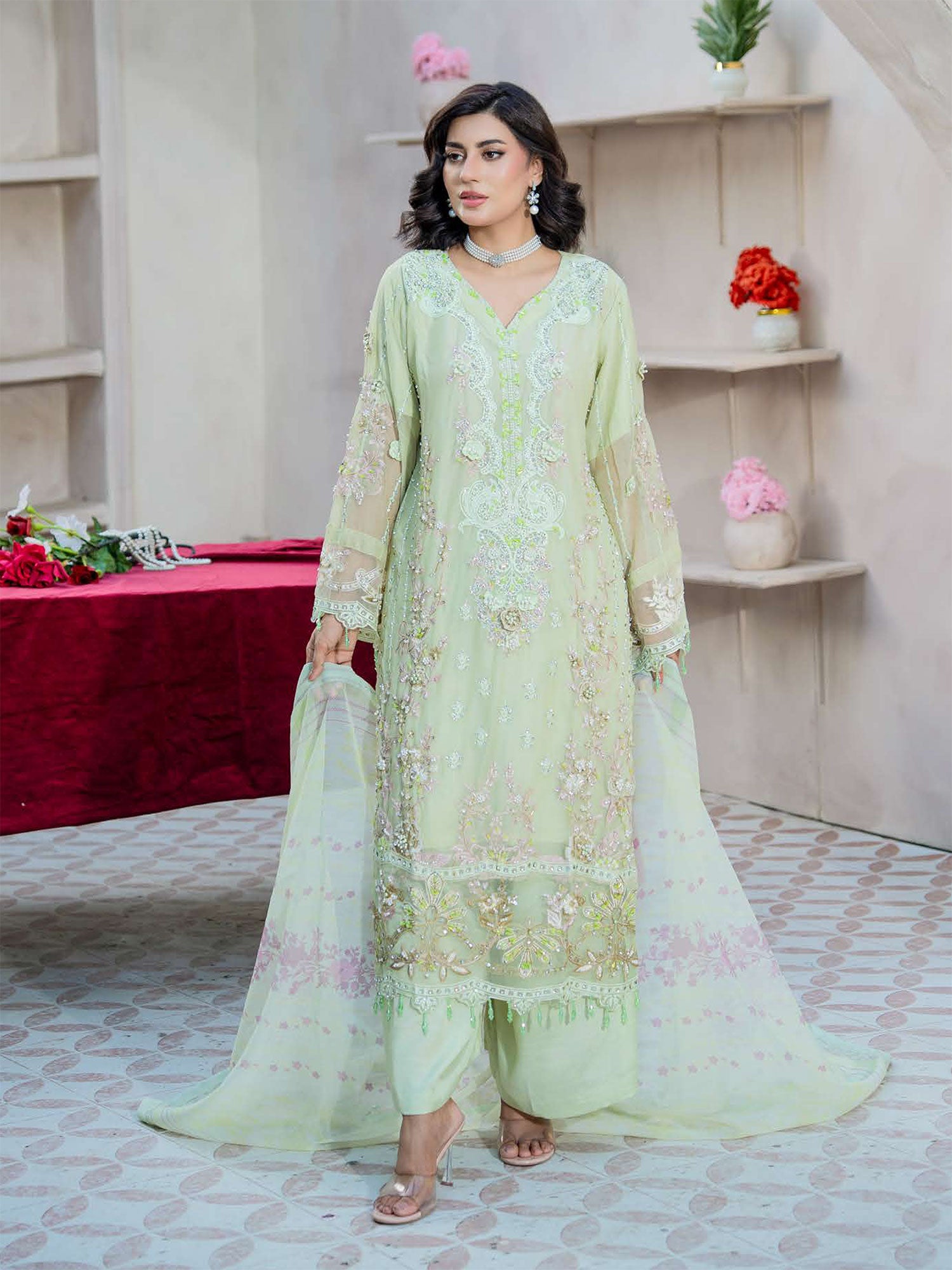 Rangz "Maeri" Embroidered Chiffon 3-Piece Suit - Light Green