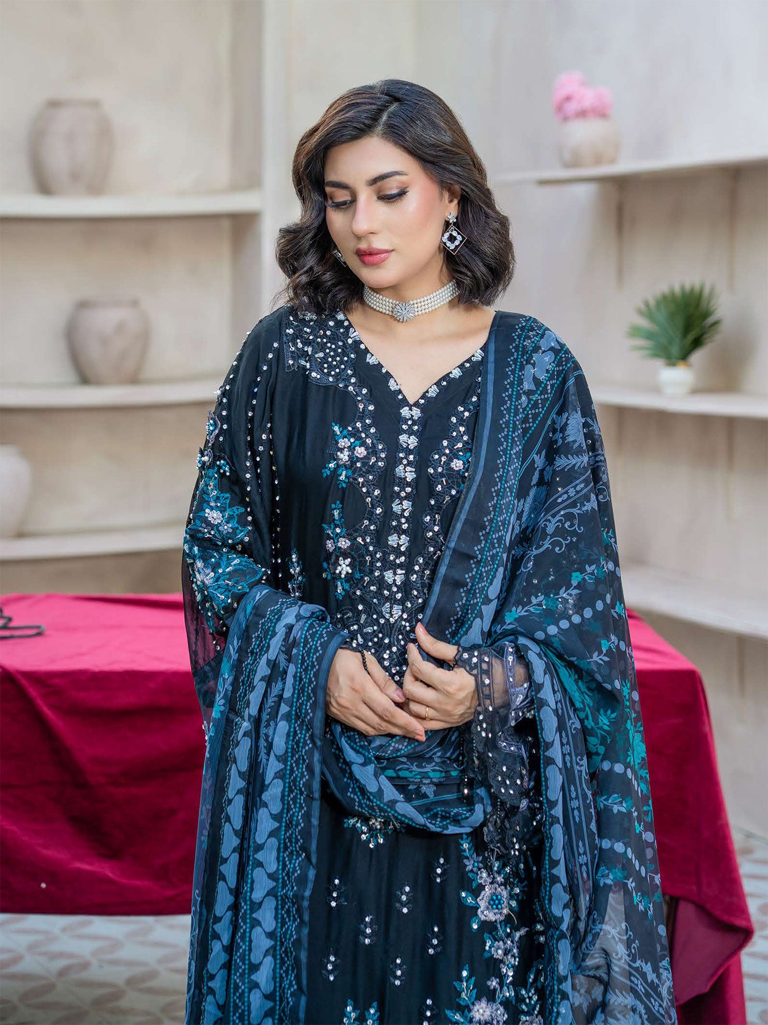 Rangz "Maeri" Embroidered Chiffon 3-Piece Suit - Dark Zinc