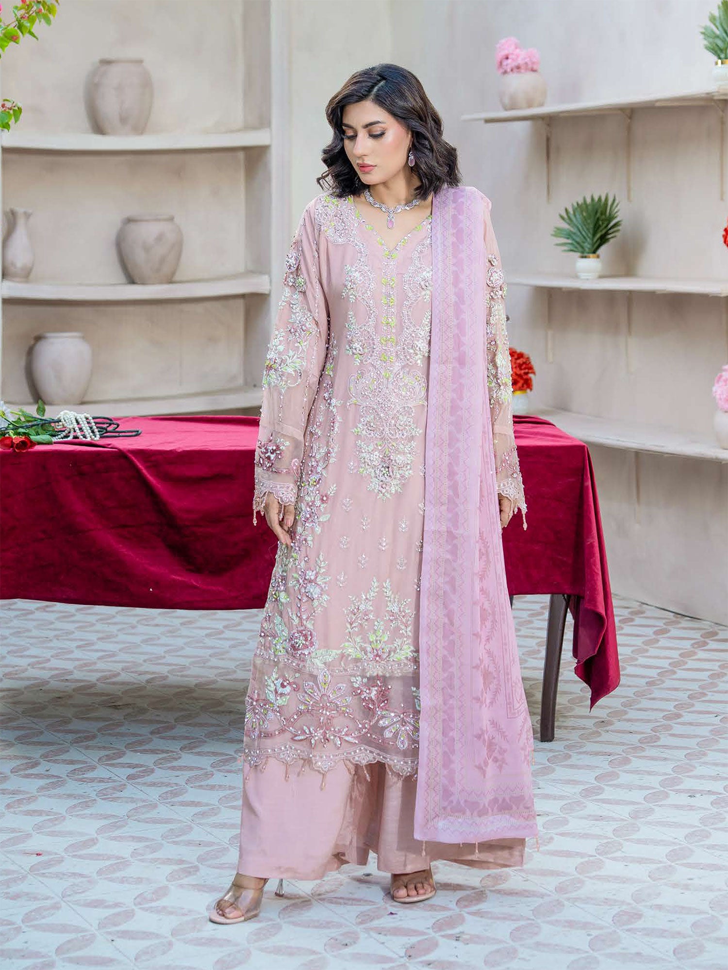 Rangz "Maeri" Embroidered Chiffon 3-Piece Suit - Pink