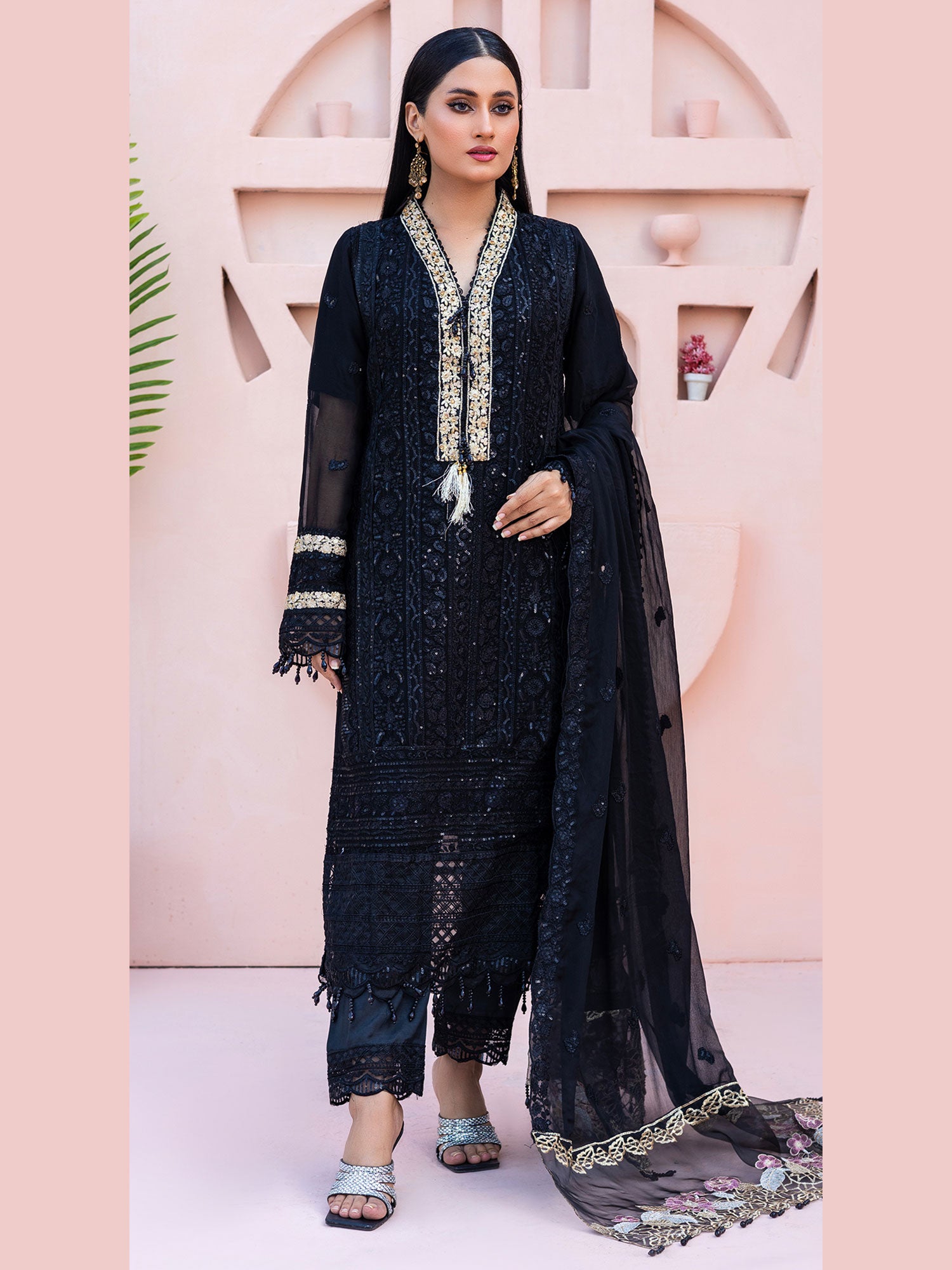 Rangz "Zara" Luxury Embroidered Chiffon Suit - Black MOMINA - Designer Outfit Collection Rangz "Zara" Luxury Embroidered Chiffon Suit - Black MOMINA - Designer Outfit Collection