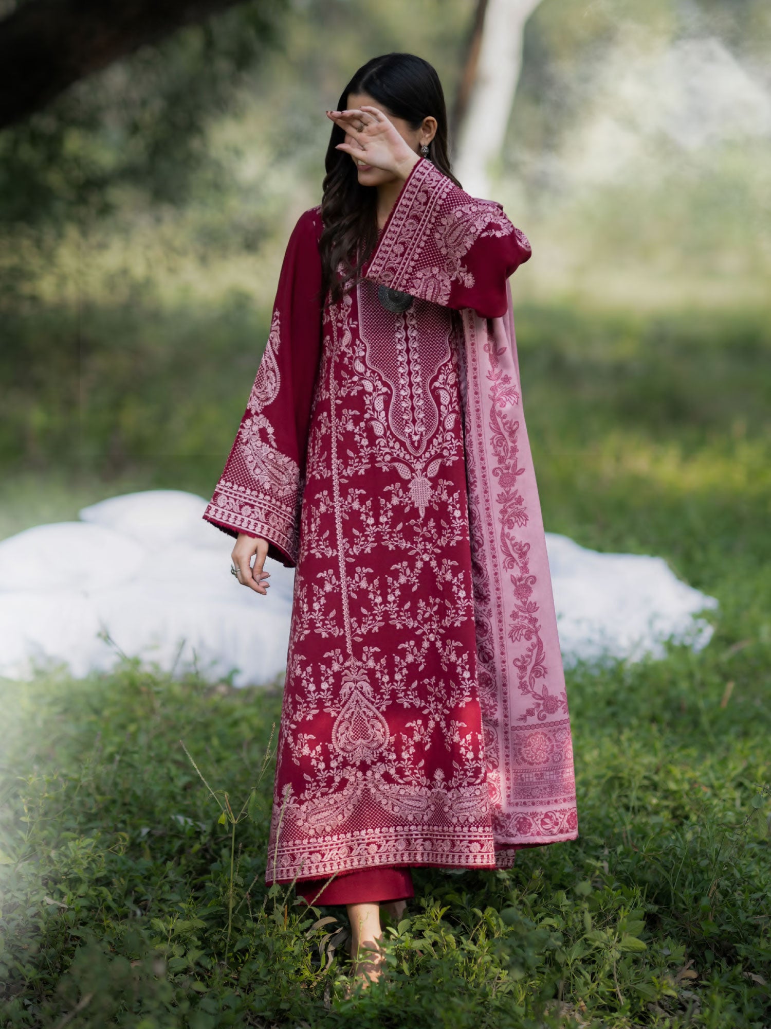 Casual Lite "Khunki" Premium Dhanak Suit with Pashmina Shawl - Red