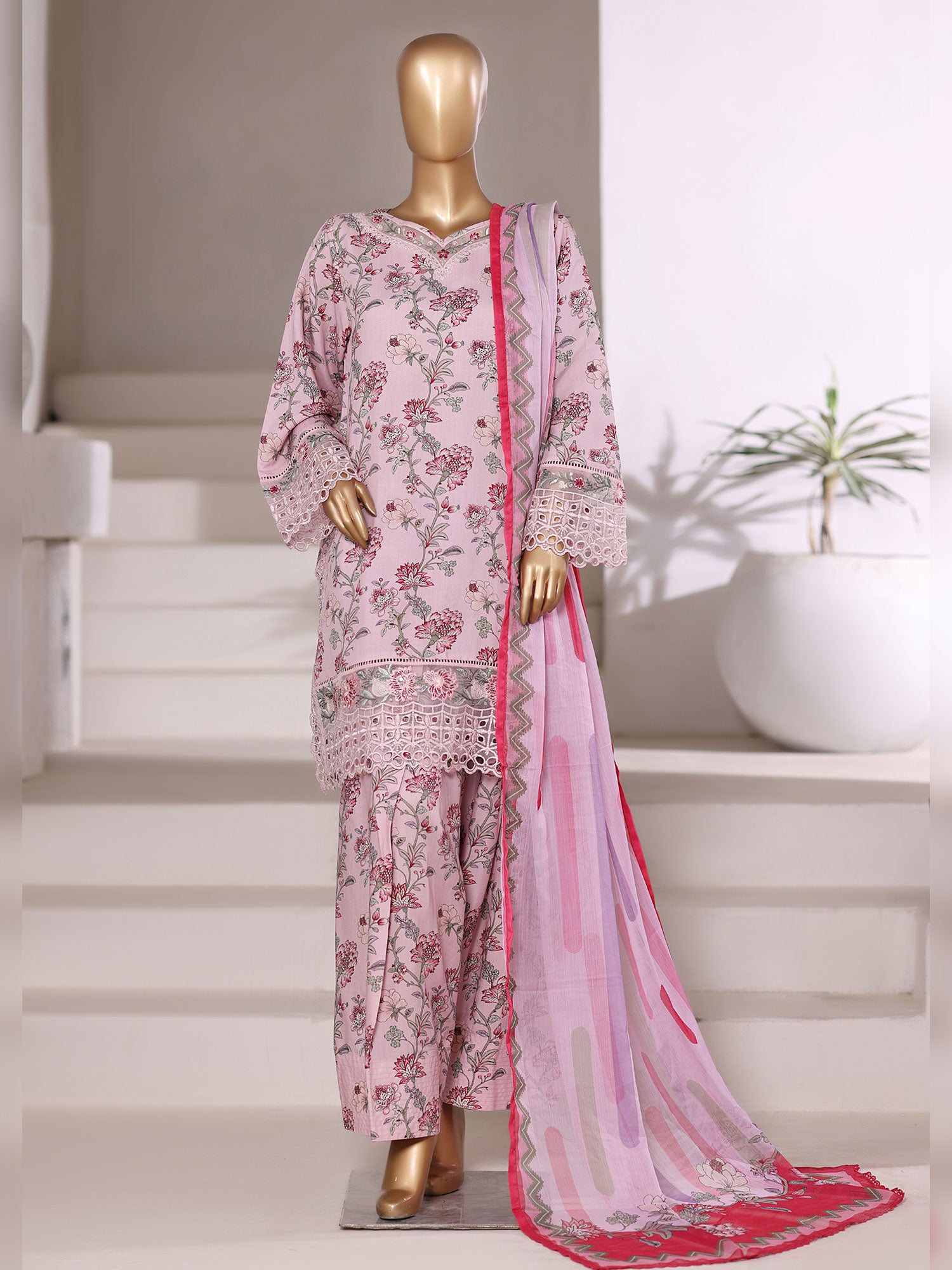 Sadabahar "Malika" Embroidered Viscose 3-Piece Suit - Pink