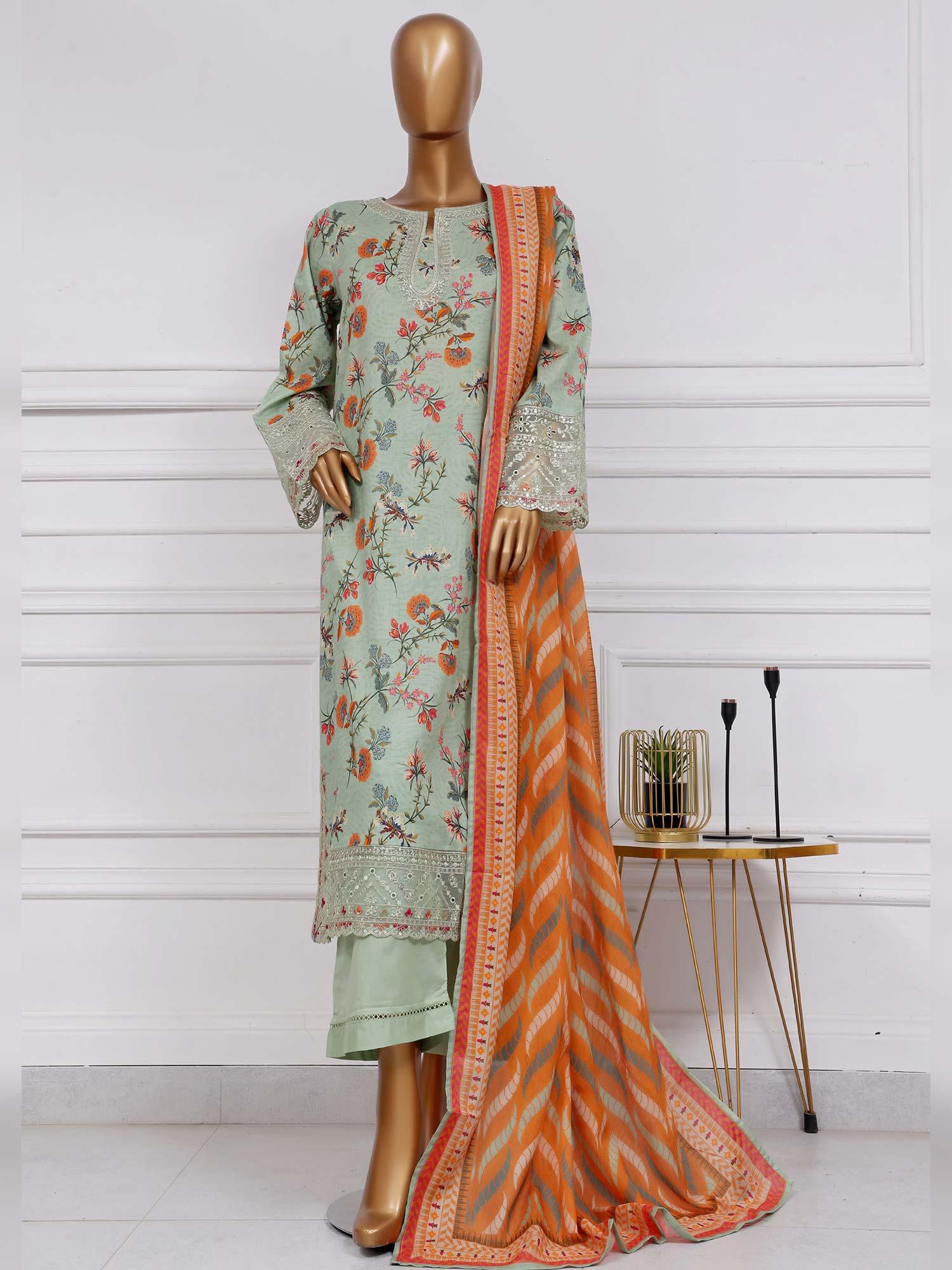 Sadabahar "Raya" Embroidered Lawn 3-Piece Suit - Mint Green
