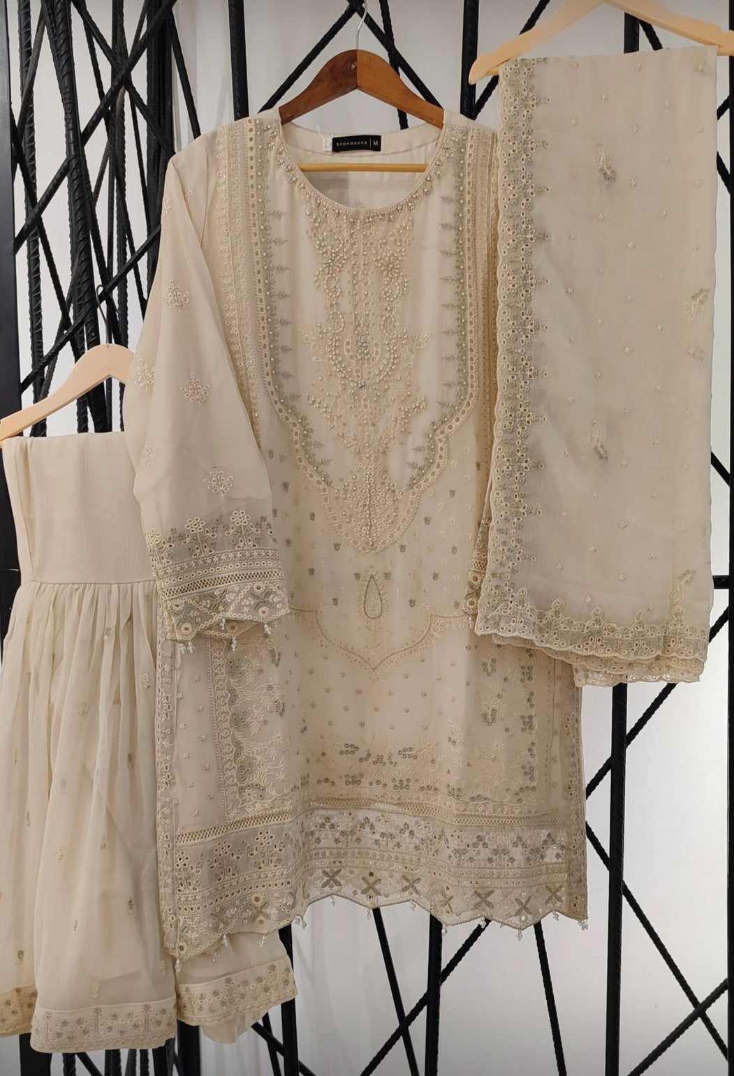 Sadabahar Luxury Embellished Chiffon Suit - Cream