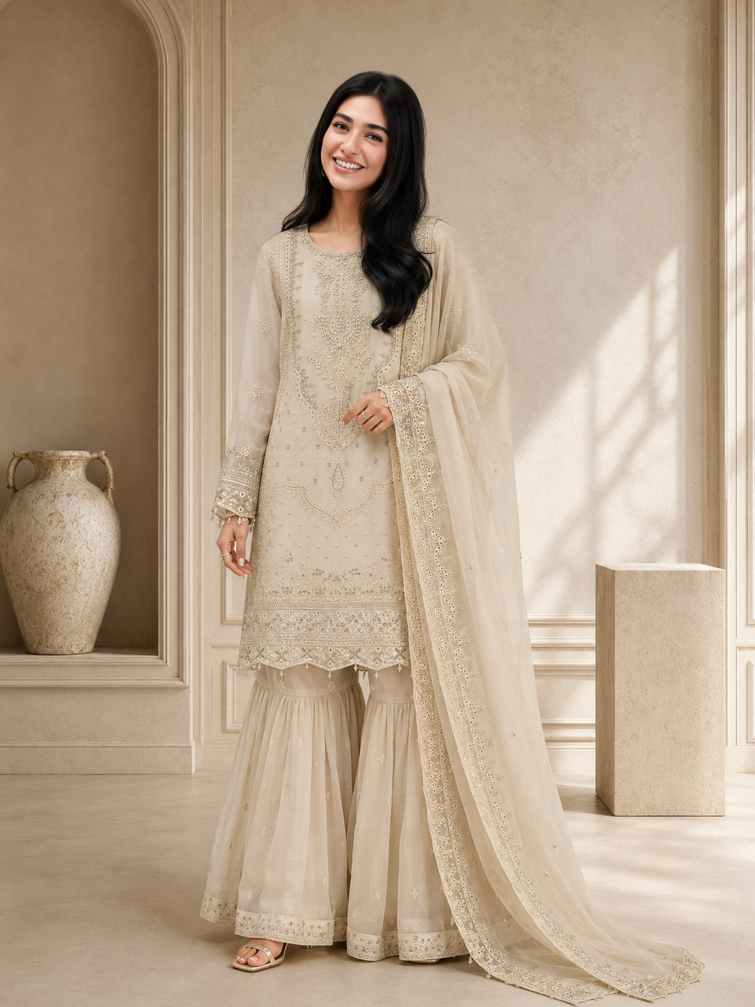 Sadabahar Luxury Embellished Chiffon Suit - Cream