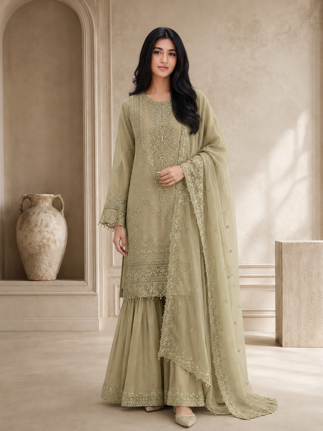 Sadabahar Luxury Embellished Chiffon Suit - Pistachio