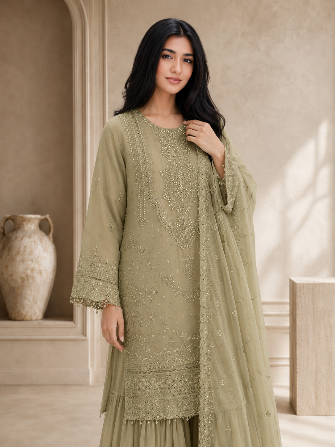 Sadabahar Luxury Embellished Chiffon Suit - Pistachio