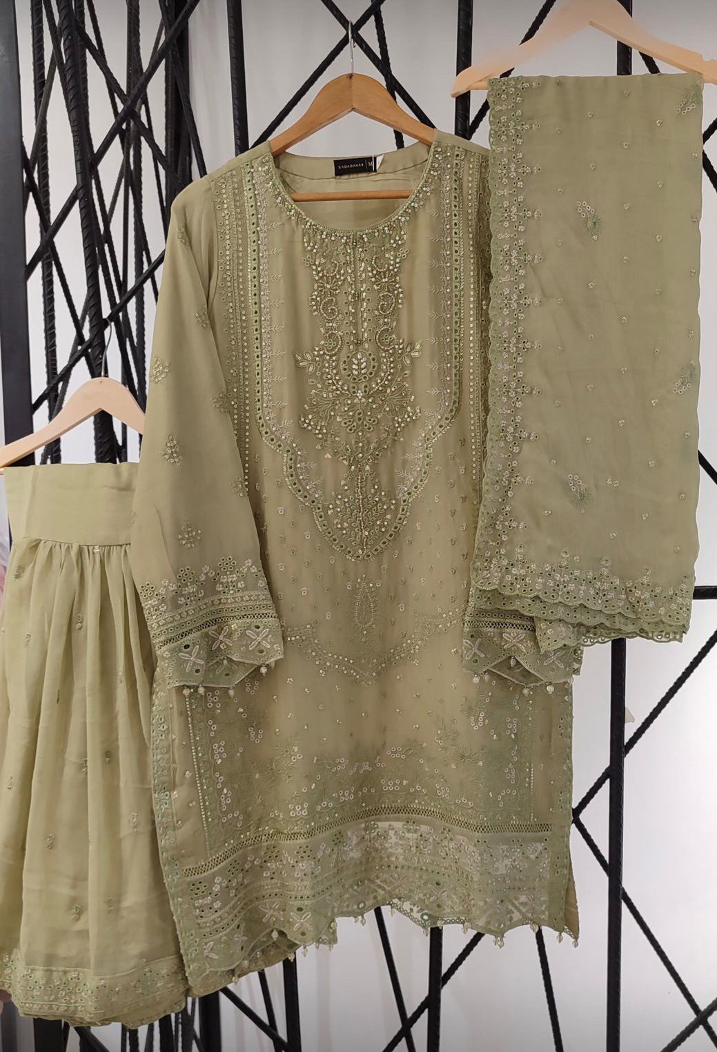 Sadabahar Luxury Embellished Chiffon Suit - Pistachio