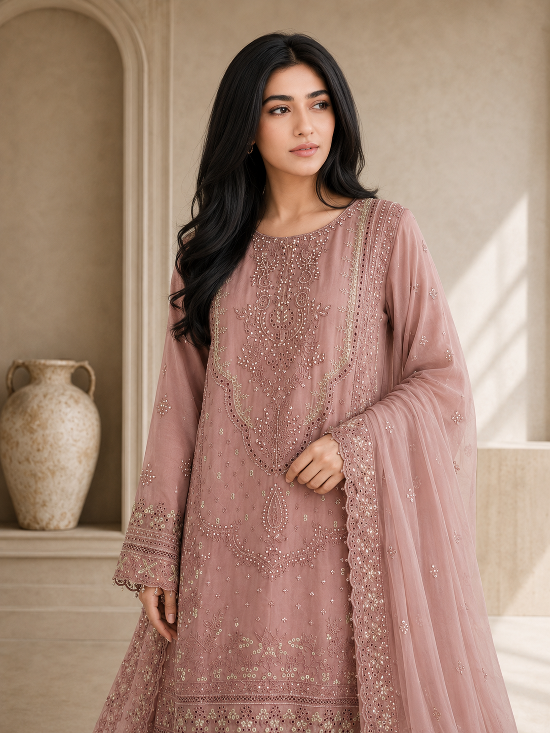 Sadabahar Luxury Embellished Chiffon Suit - Dusky Pink