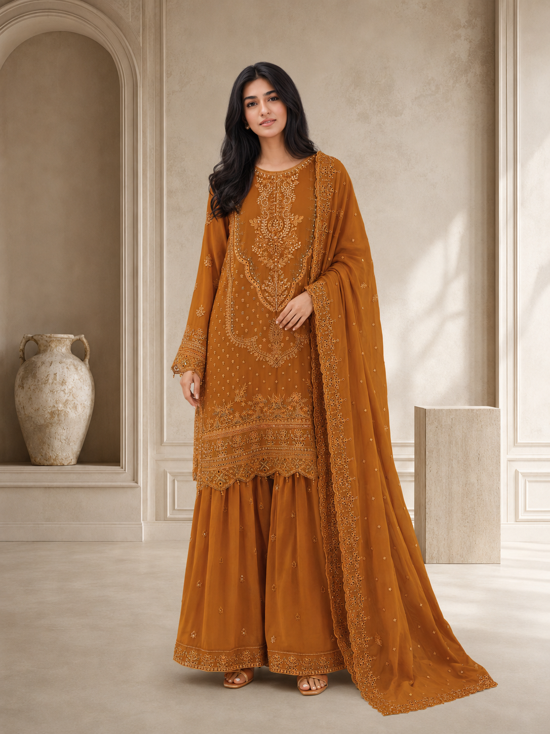 Sadabahar Luxury Embellished Chiffon Suit - Rust Orange