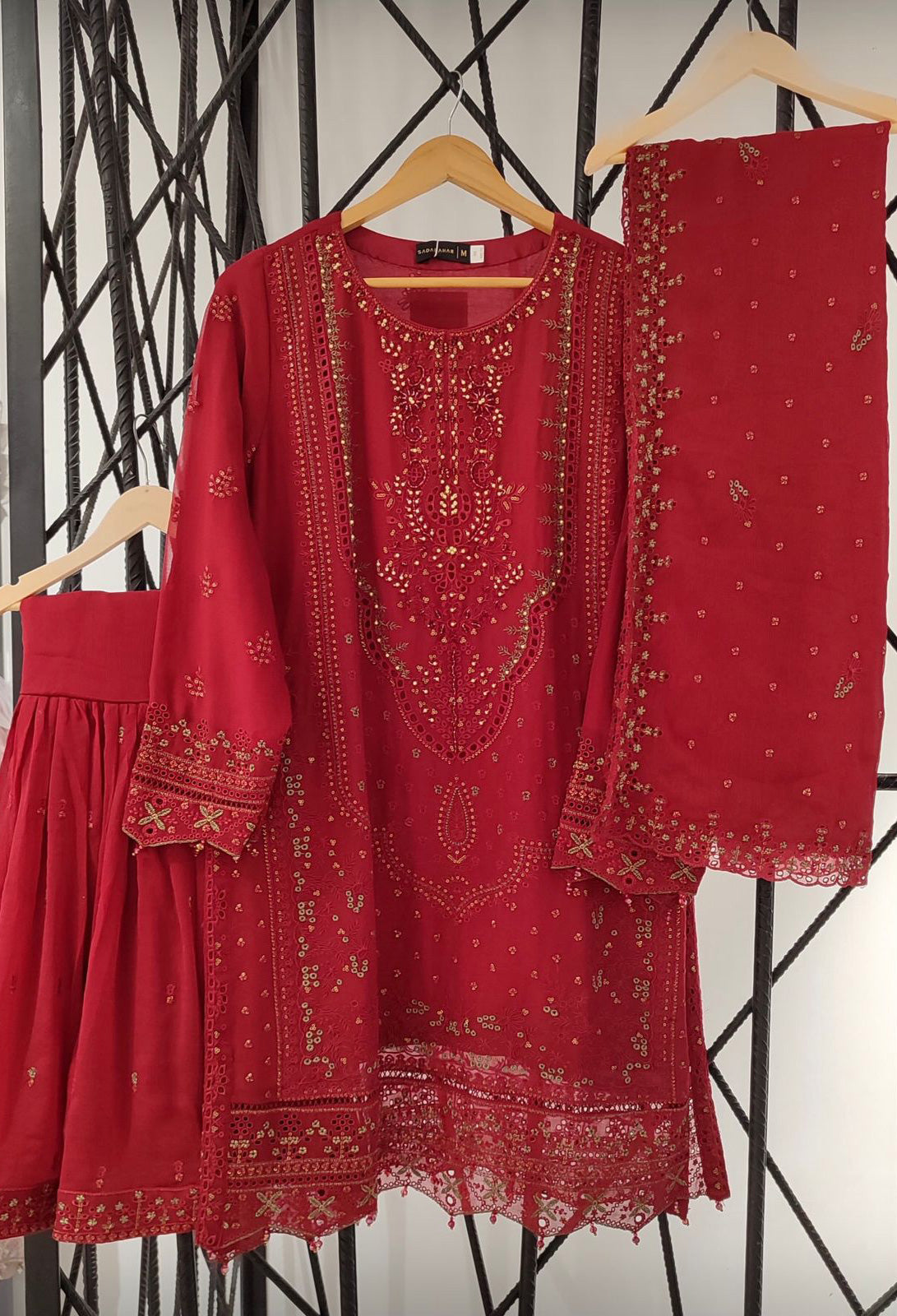 Sadabahar Luxury Embellished Chiffon Suit - Red