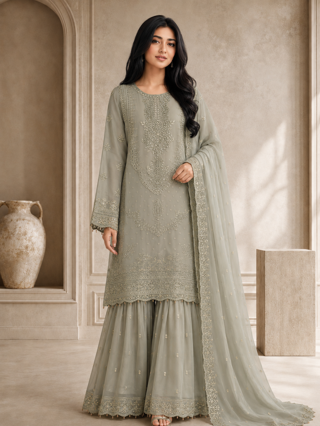 Sadabahar Luxury Embellished Chiffon Suit - Sage Green