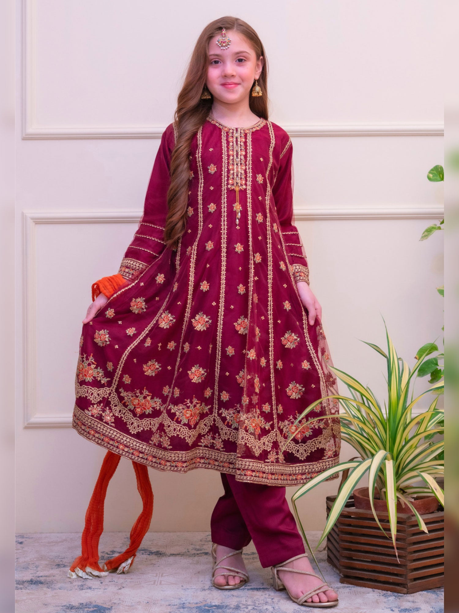 Kids Embroidered Organza Frock Style Suit - Dark Pink