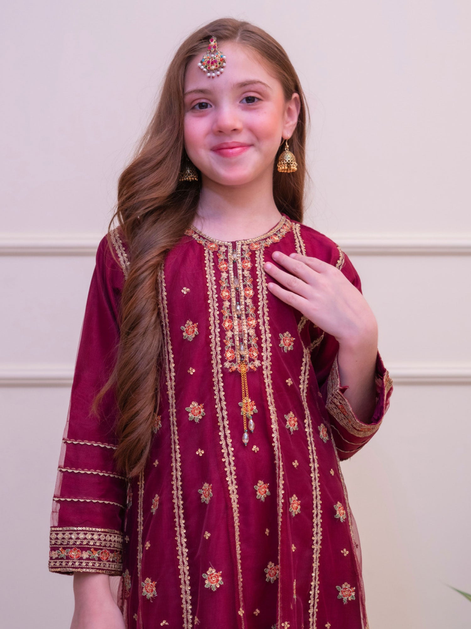 Kids Embroidered Organza Frock Style Suit - Dark Pink