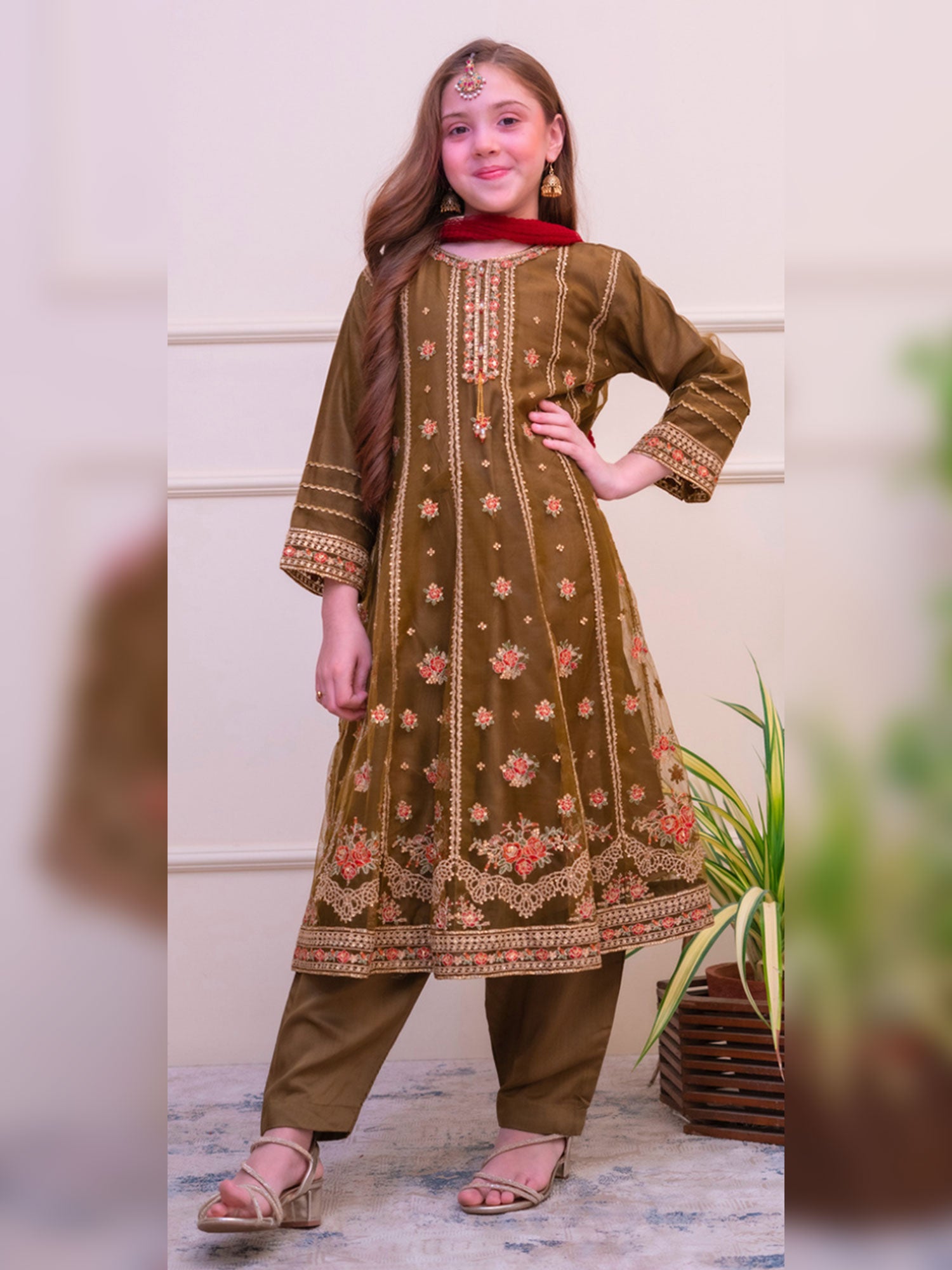 Kids Embroidered Organza Frock Style Suit - Olive