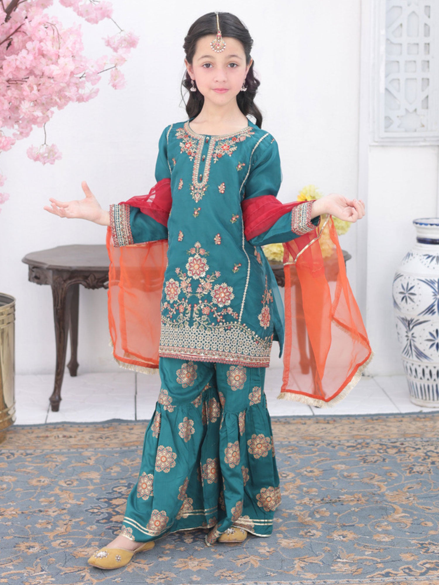 Kids Embroidered Organza Suit with Gharara - Teal
