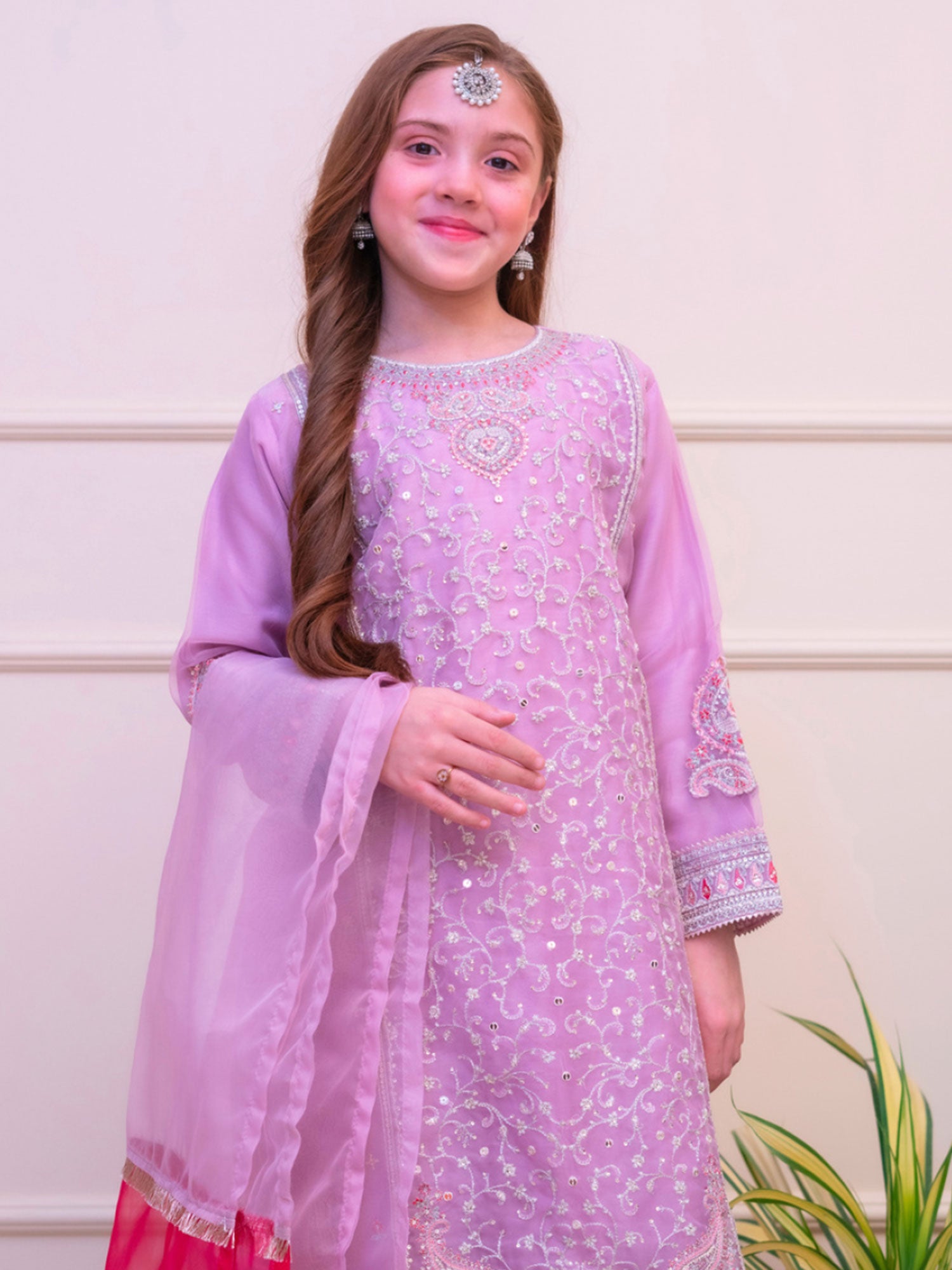 Kids Embroidered Organza Suit with Silk Gharara - Lilac