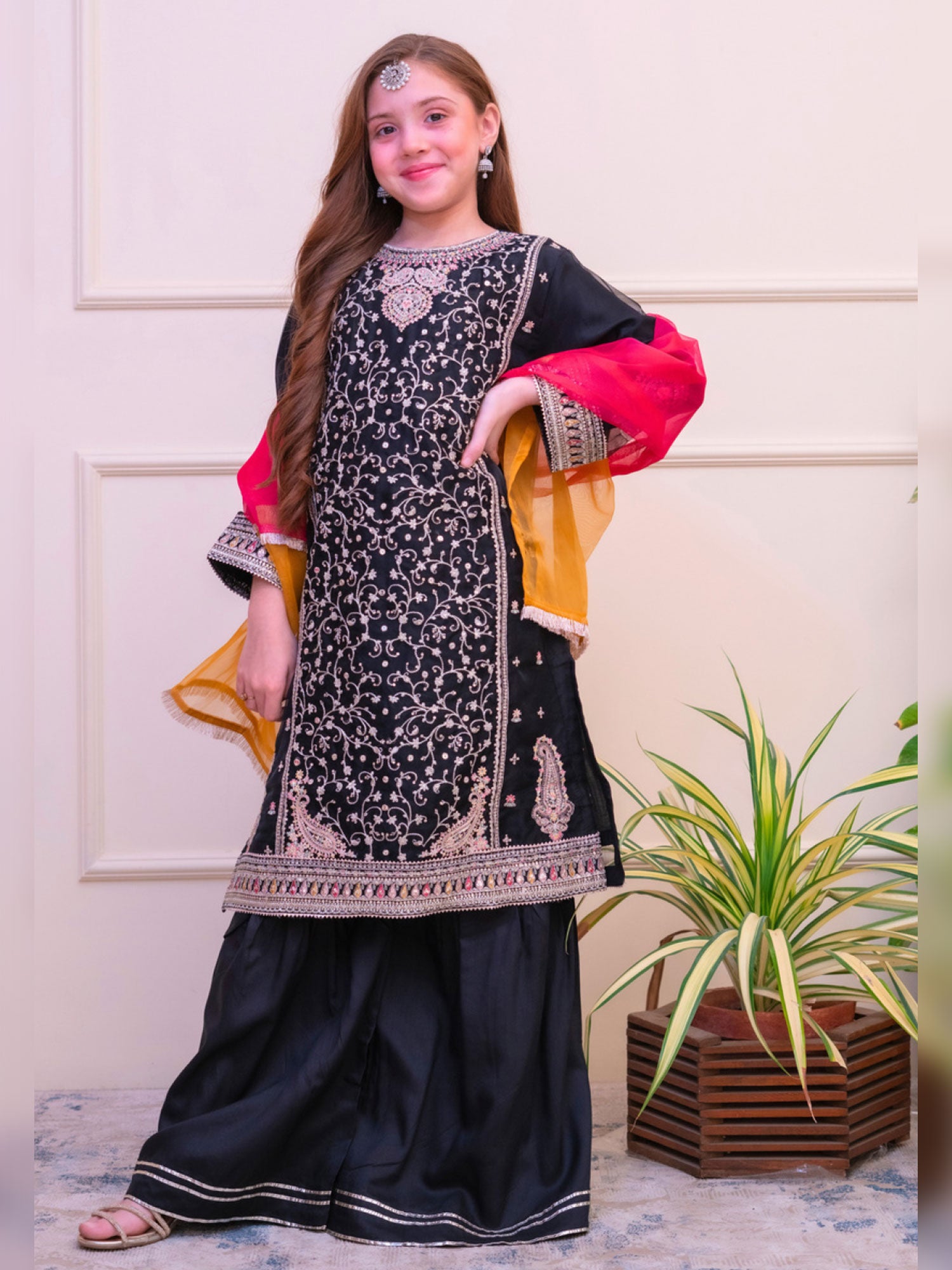 Kids Embroidered Organza Suit with Silk Gharara - Black