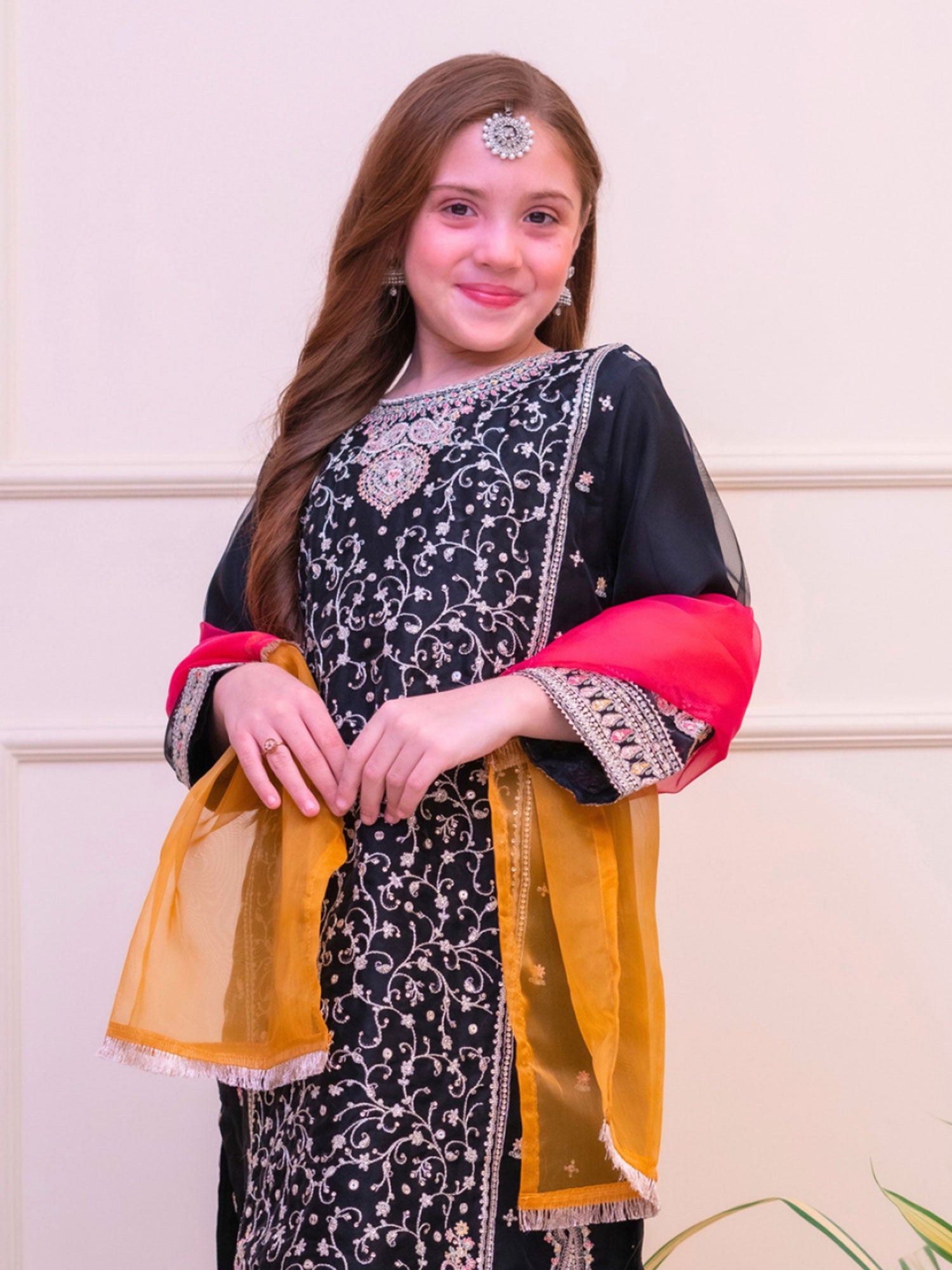 Kids Embroidered Organza Suit with Silk Gharara - Black