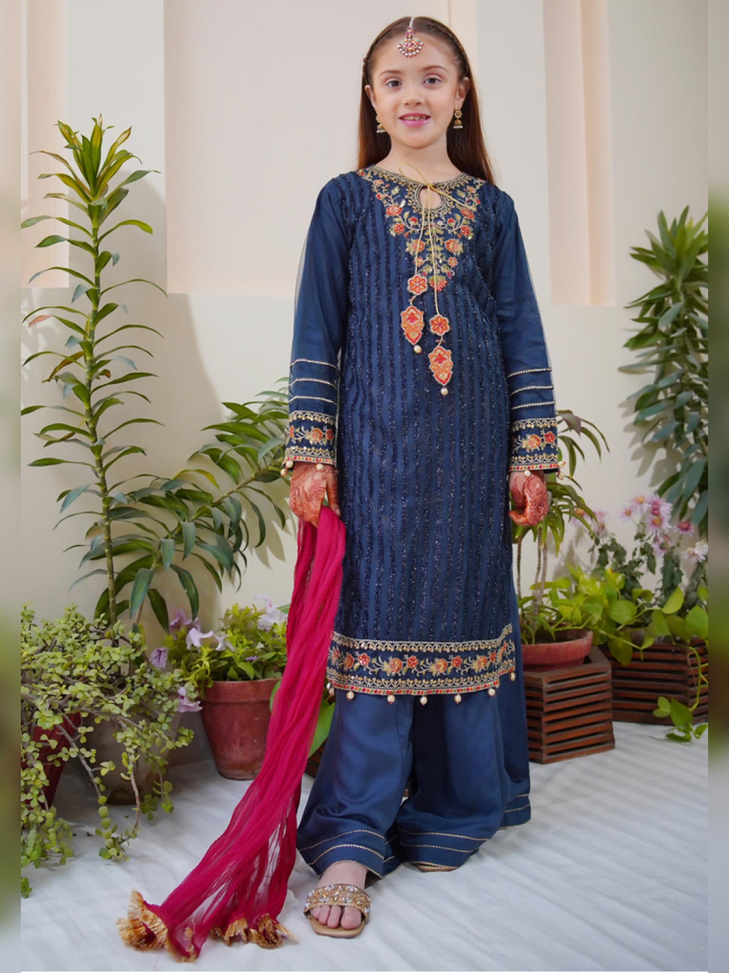 Kids Embroidered Net 3-Piece Suit with Silk Sharara - Dark Blue