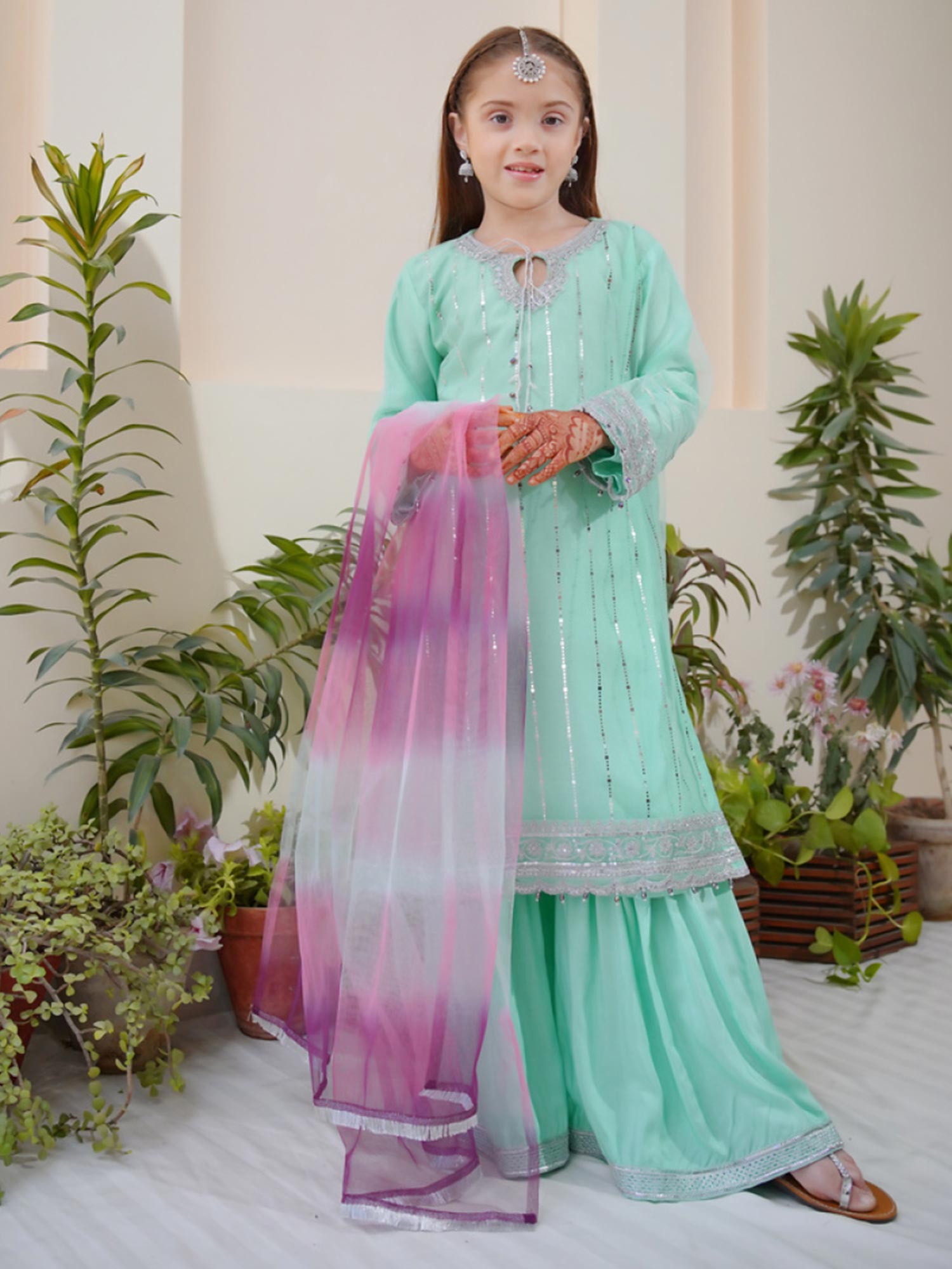 Kids Embroidered Net 3-Piece Suit with Silk Gharara - Aqua