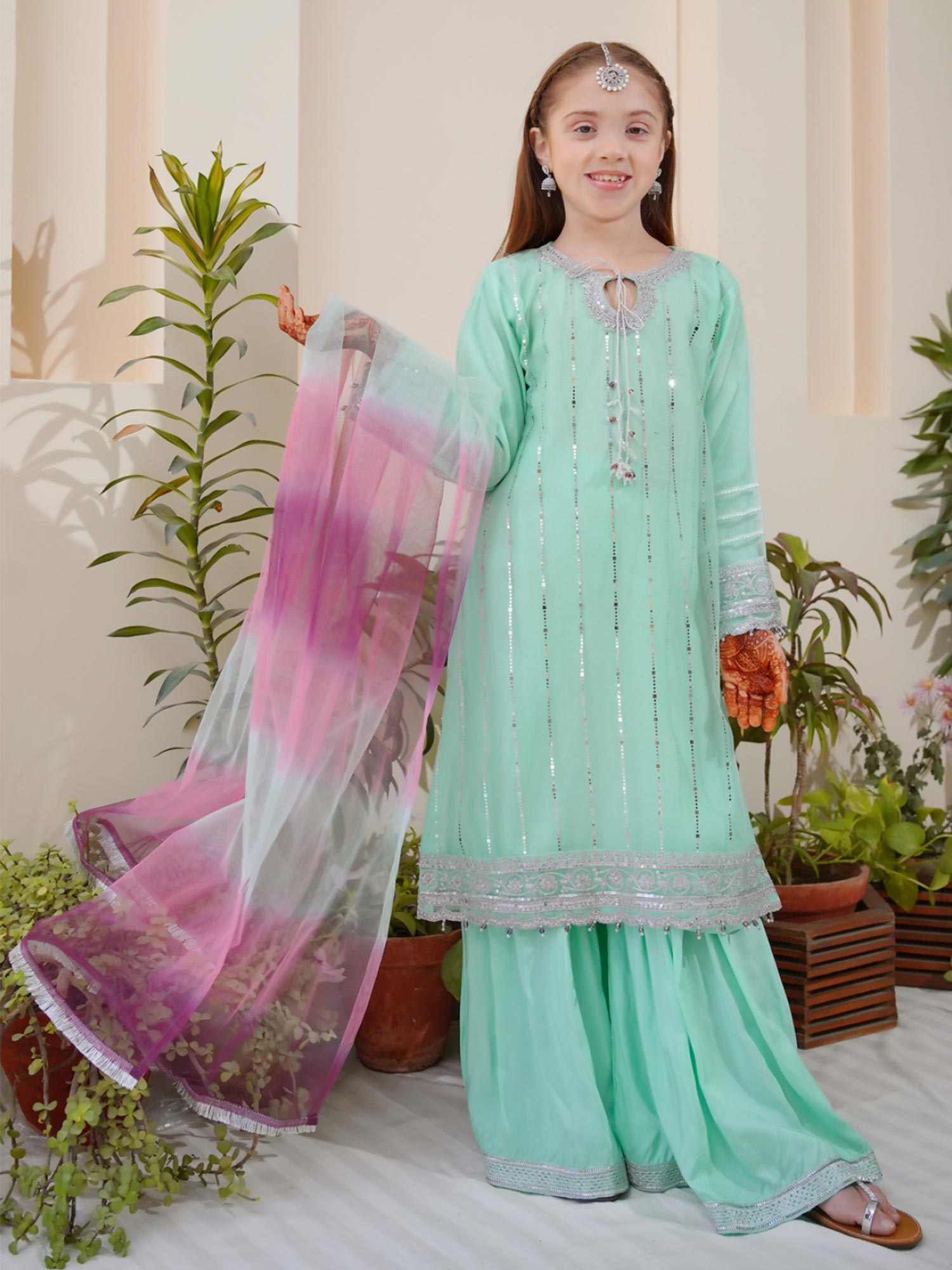 Kids Embroidered Net 3-Piece Suit with Silk Gharara - Aqua