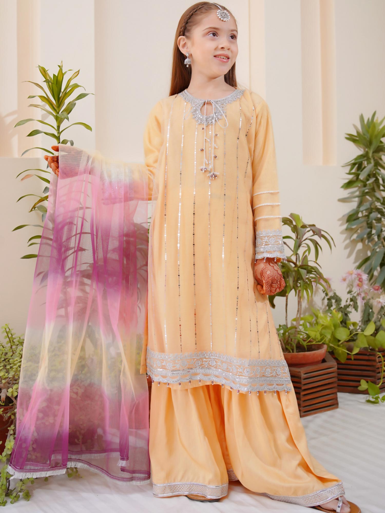 Kids Embroidered Net 3-Piece Suit with Silk Gharara - Golden