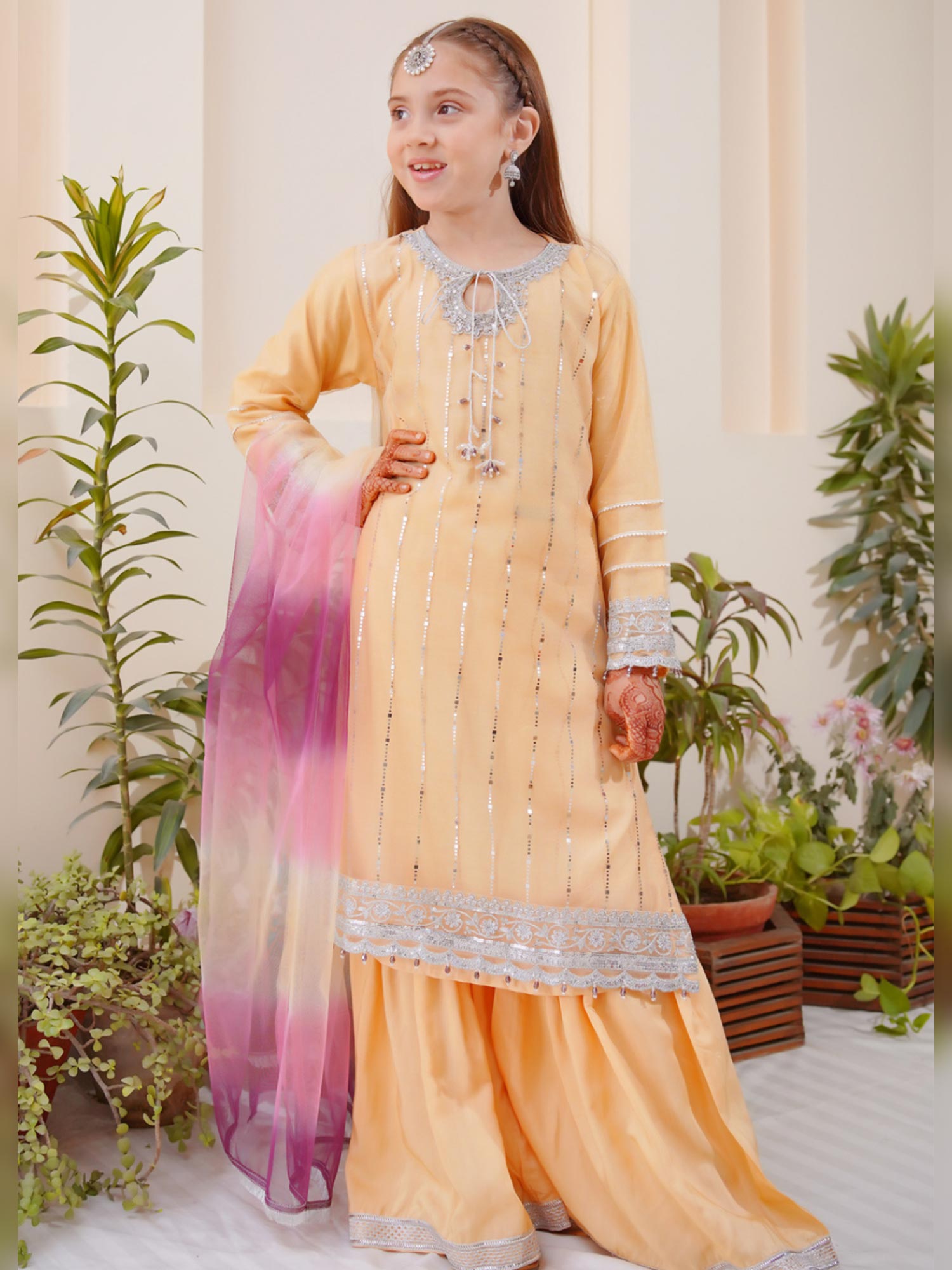 Kids Embroidered Net 3-Piece Suit with Silk Gharara - Golden