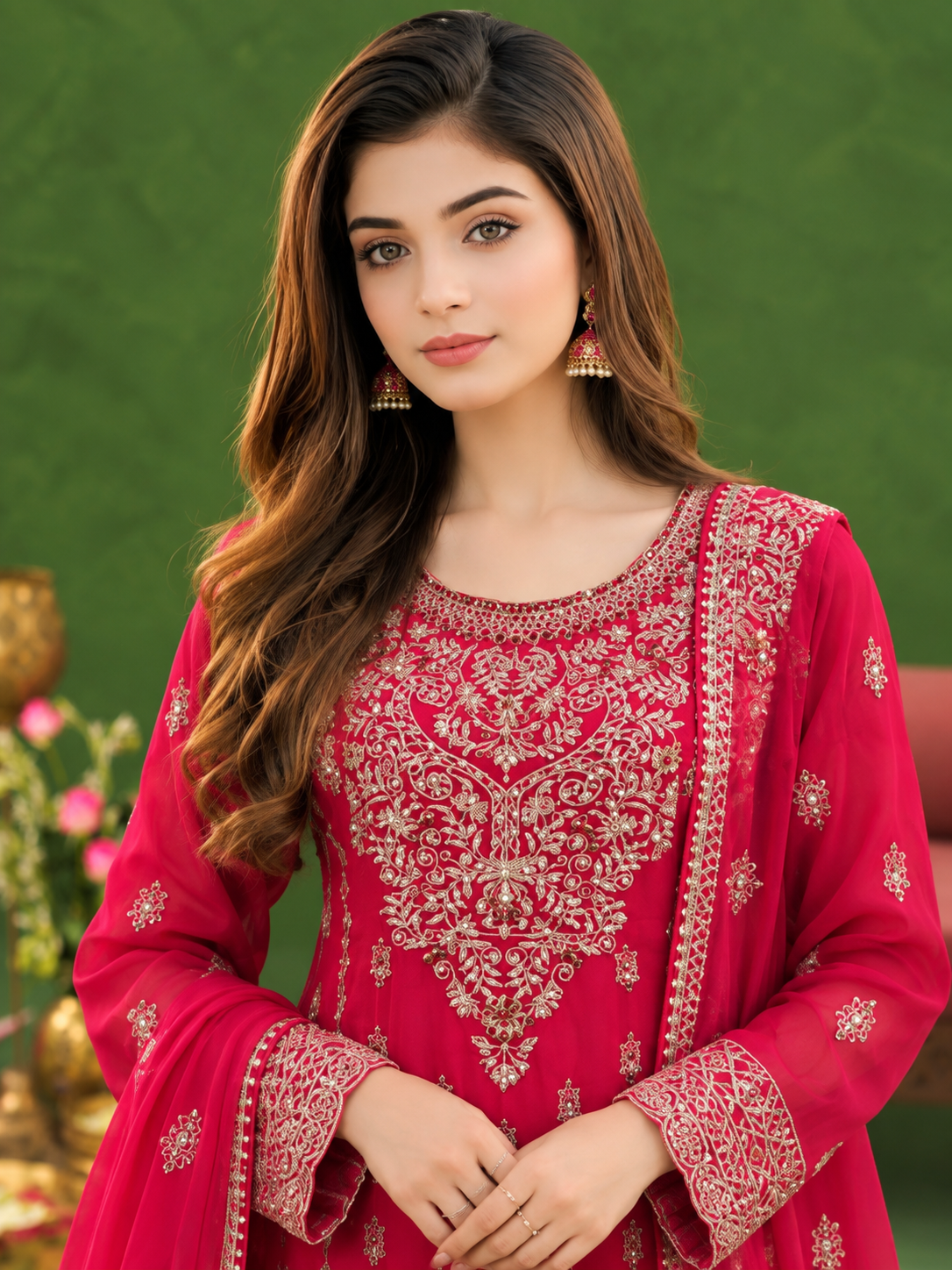 Chiffon Embroidered Gharara 3-Piece Suit - Hot Pink