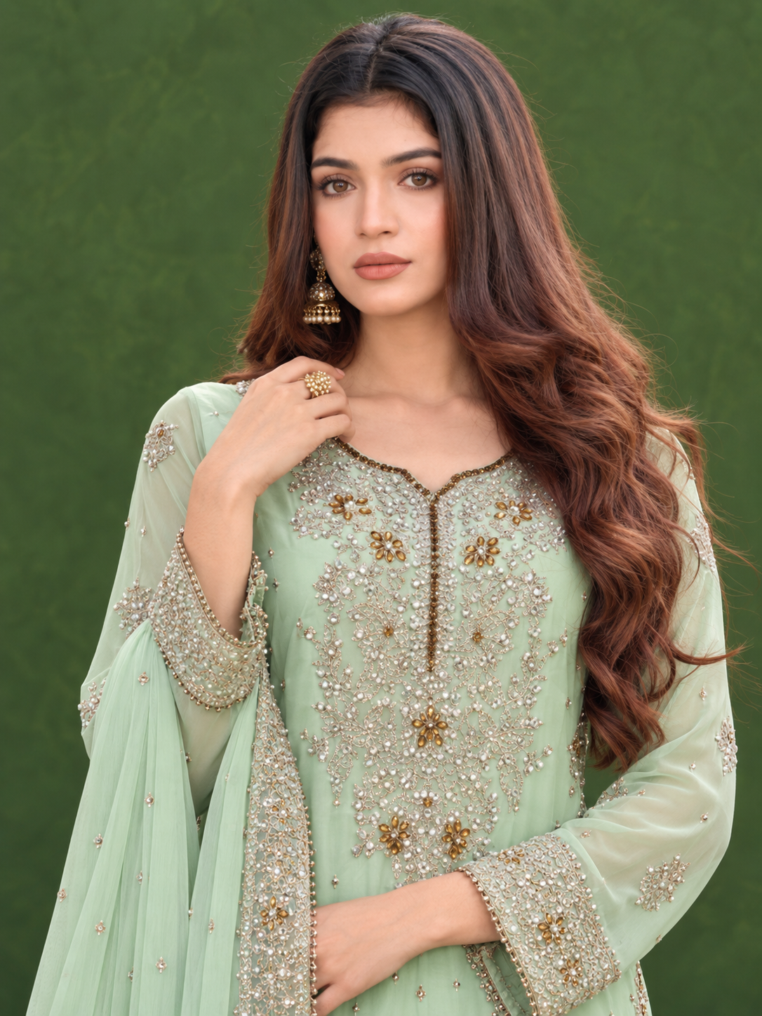 Chiffon Embroidered Gharara 3-Piece Suit - Mint Green