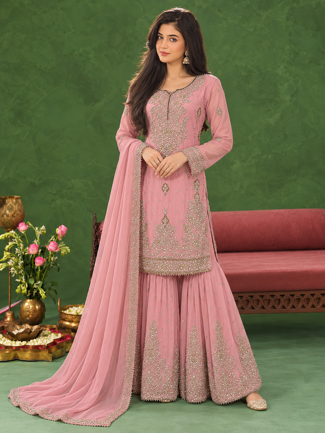 Chiffon Embroidered Gharara 3-Piece Suit - Dusky Pink