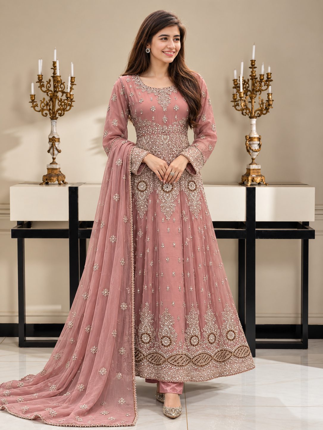 Luxury Embroidered Chiffon Long Frock 3pc Suit - Dusky Pink