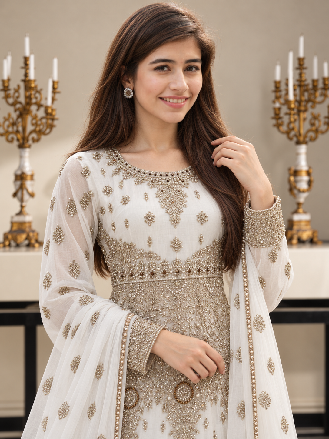 Luxury Embroidered Chiffon Long Frock 3pc Suit - White