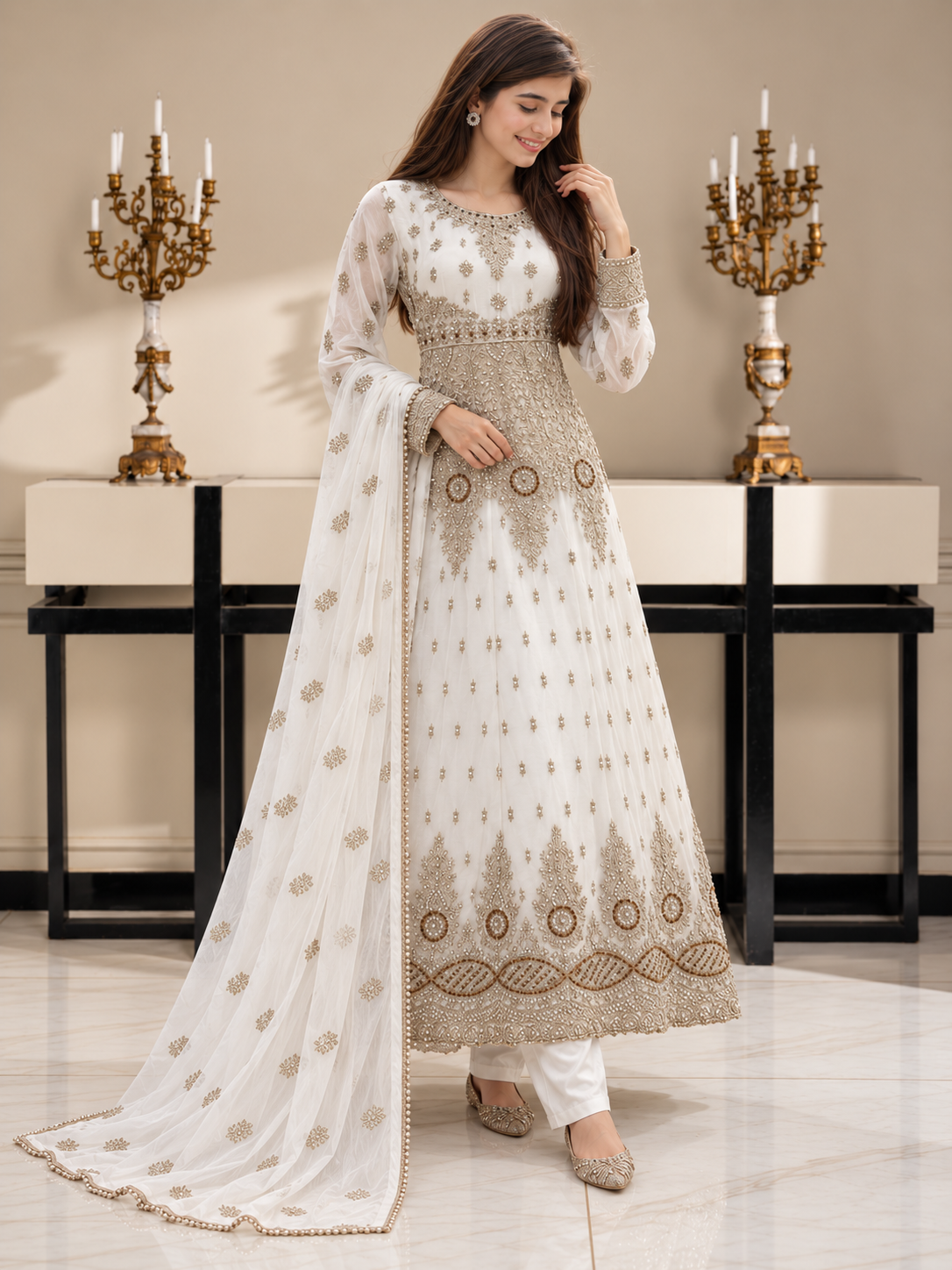 Luxury Embroidered Chiffon Long Frock 3pc Suit - White