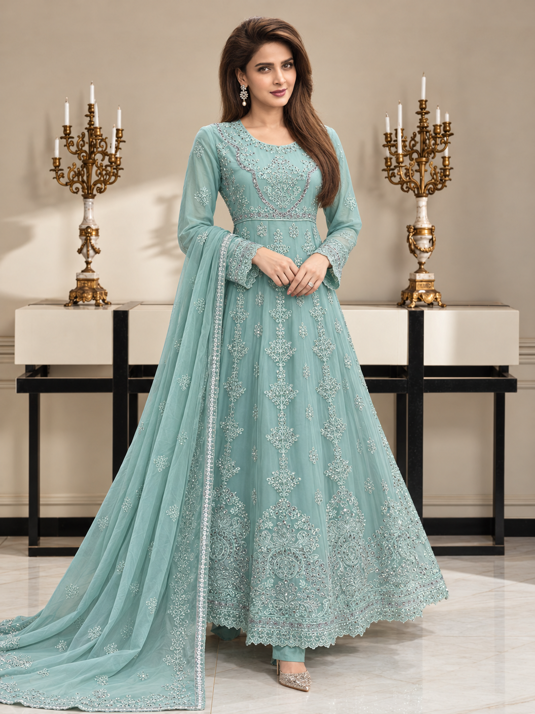 Luxury Sequin Embroidered Chiffon Long Frock 3pc Suit - Aqua