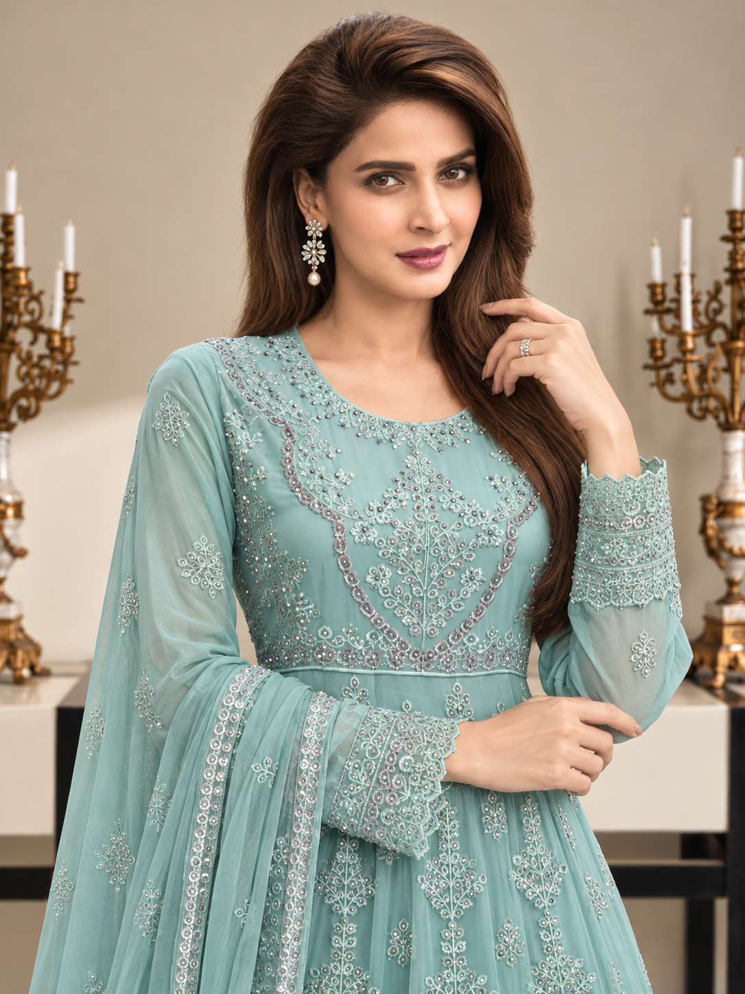 Luxury Sequin Embroidered Chiffon Long Frock 3pc Suit - Aqua