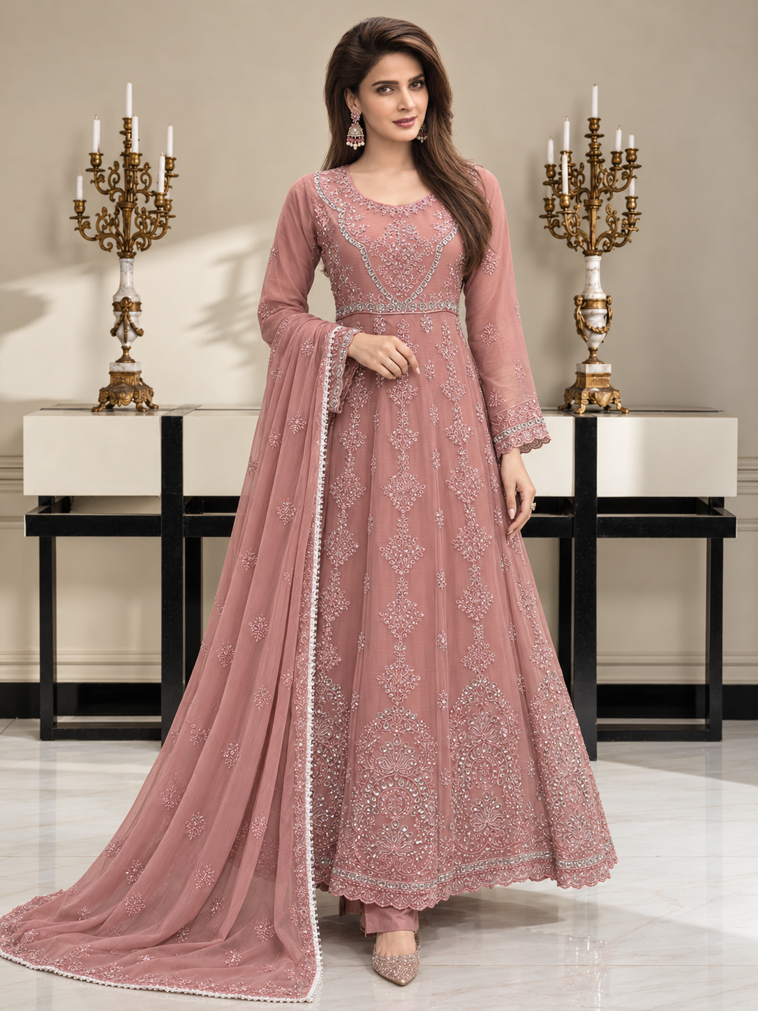 Luxury Sequin Embroidered Chiffon Long Frock 3pc Suit - Dusky Pink