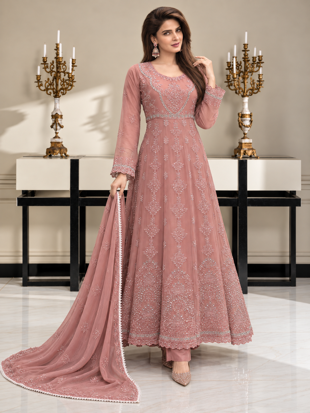 Luxury Sequin Embroidered Chiffon Long Frock 3pc Suit - Dusky Pink